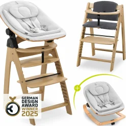 Arketa Oak 4-tlg. Newborn Set Eco - Hochstuhl + 2in1 Babyaufsatz & Wippe + Sitzkissen - Light Grey / Charcoal