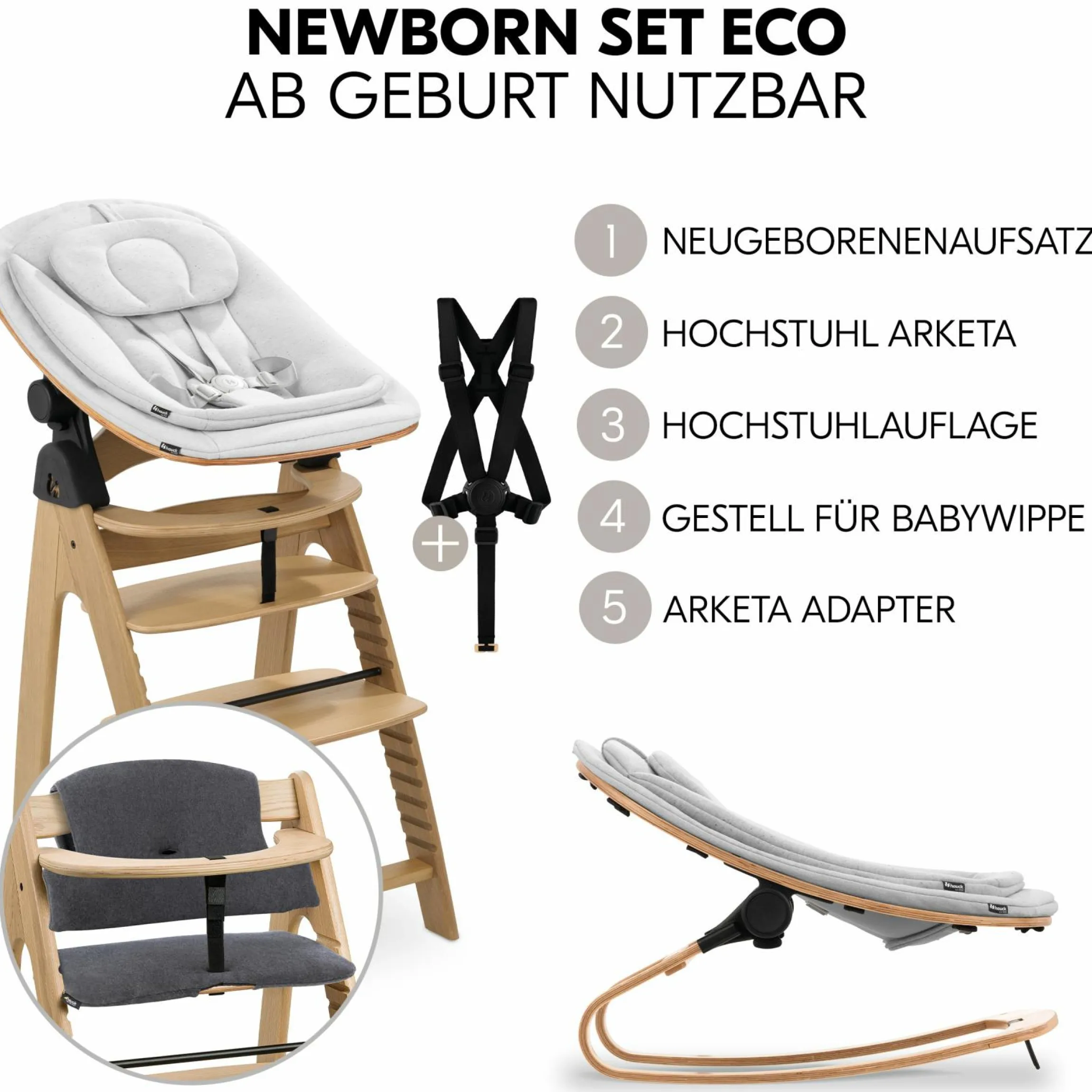 Arketa Oak 4-tlg. Newborn Set Eco - Hochstuhl + 2in1 Babyaufsatz & Wippe + Sitzkissen - Light Grey / Charcoal