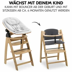 Arketa Oak 4-tlg. Newborn Set Eco - Hochstuhl + 2in1 Babyaufsatz & Wippe + Sitzkissen - Light Grey / Charcoal