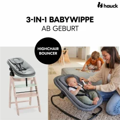 Arketa Whitewashed Mint 4-tlg. Newborn Set - Hochstuhl + 2in1 Babyaufsatz & Wippe + Sitzkissen - Melange Dark Grey
