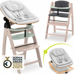 Arketa Whitewashed Mint 4-tlg. Newborn Set Eco - Hochstuhl + 2in1 Babyaufsatz & Wippe + Sitzkissen - Light Grey / Charcoal