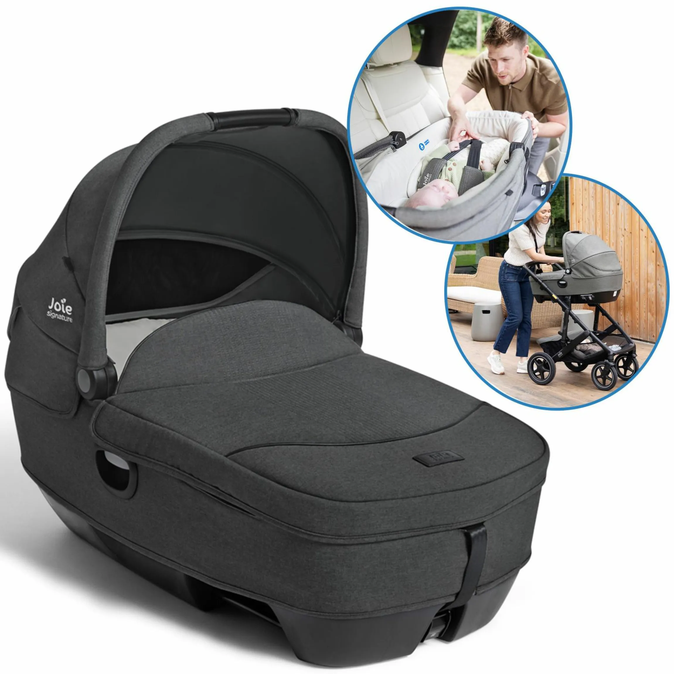 Auto-Babywanne Calmi R129 (40 cm - 75 cm) ab Geburt - 12 Monate im Auto und auf den Kinderwagen Vinca, Aeria, Finiti verwendbar inkl. Regenschutz - Signature - Ebony