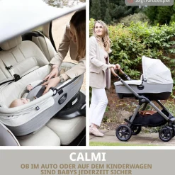 Auto-Babywanne Calmi R129 (40 cm - 75 cm) ab Geburt - 12 Monate im Auto und auf den Kinderwagen Vinca, Aeria, Finiti verwendbar inkl. Regenschutz - Signature - Sandstone