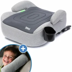 Auto-Kindersitzerhöhung Booster i-Size ab 7 Jahre - 12 Jahre (125 cm - 150 cm) mit einklappbarer Isofix-Halterung & Getränkehalter inkl. Gurtpolster - Dunkelgrau Grau