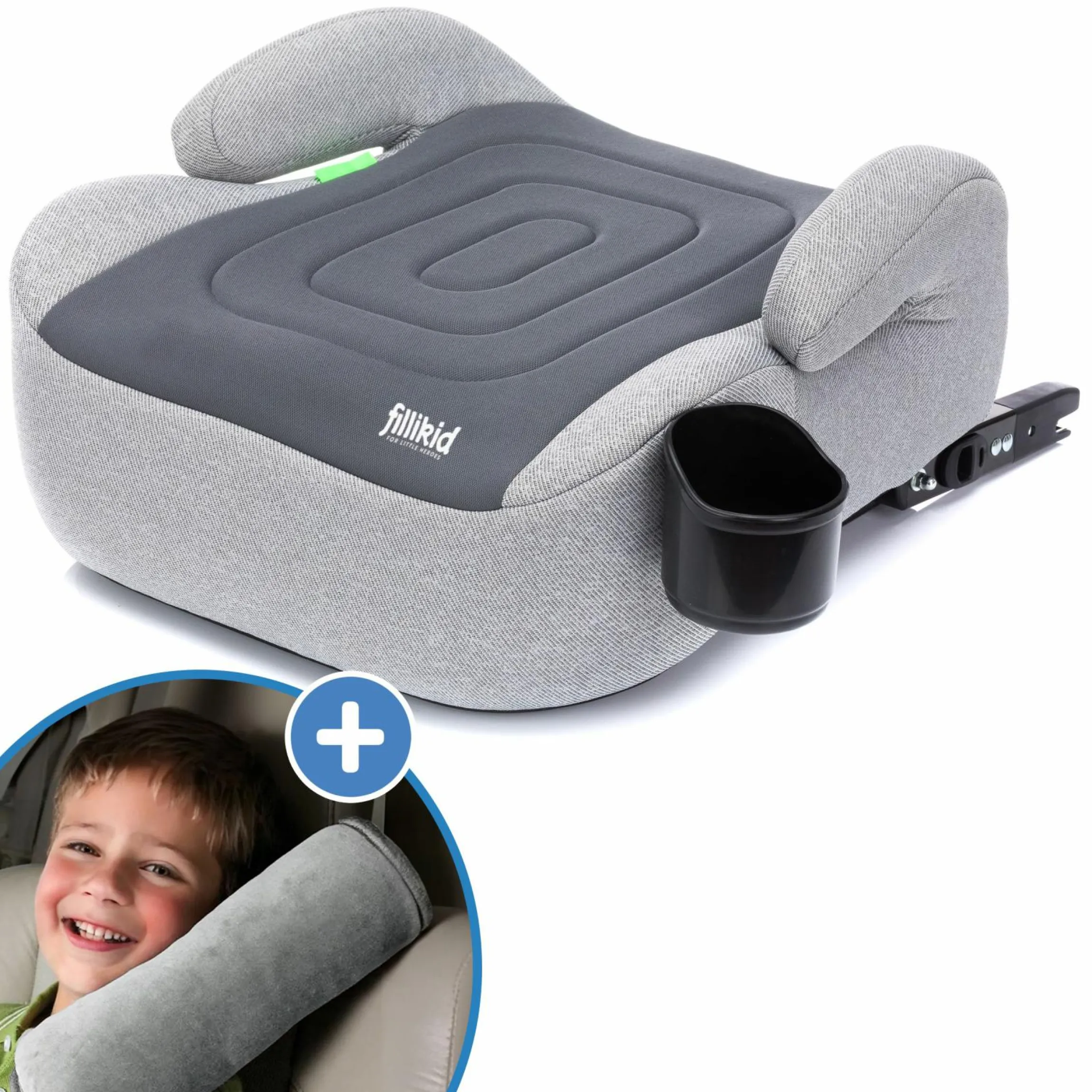 Auto-Kindersitzerhöhung Booster i-Size ab 7 Jahre - 12 Jahre (125 cm - 150 cm) mit einklappbarer Isofix-Halterung & Getränkehalter inkl. Gurtpolster - Dunkelgrau Grau