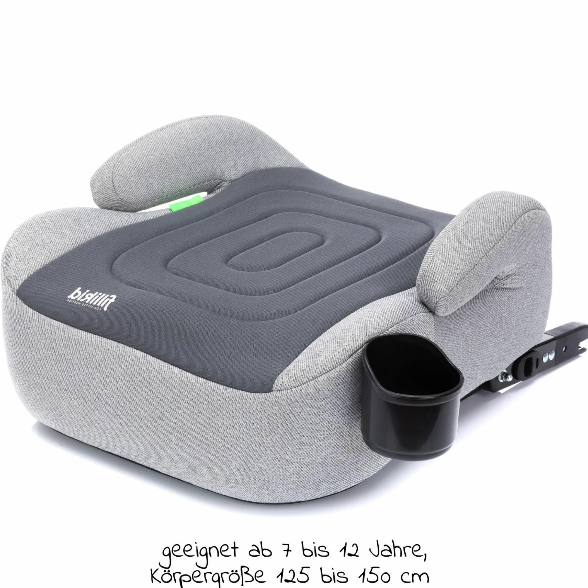Auto-Kindersitzerhöhung Booster i-Size ab 7 Jahre - 12 Jahre (125 cm - 150 cm) mit einklappbarer Isofix-Halterung & Getränkehalter inkl. Gurtpolster - Dunkelgrau Grau