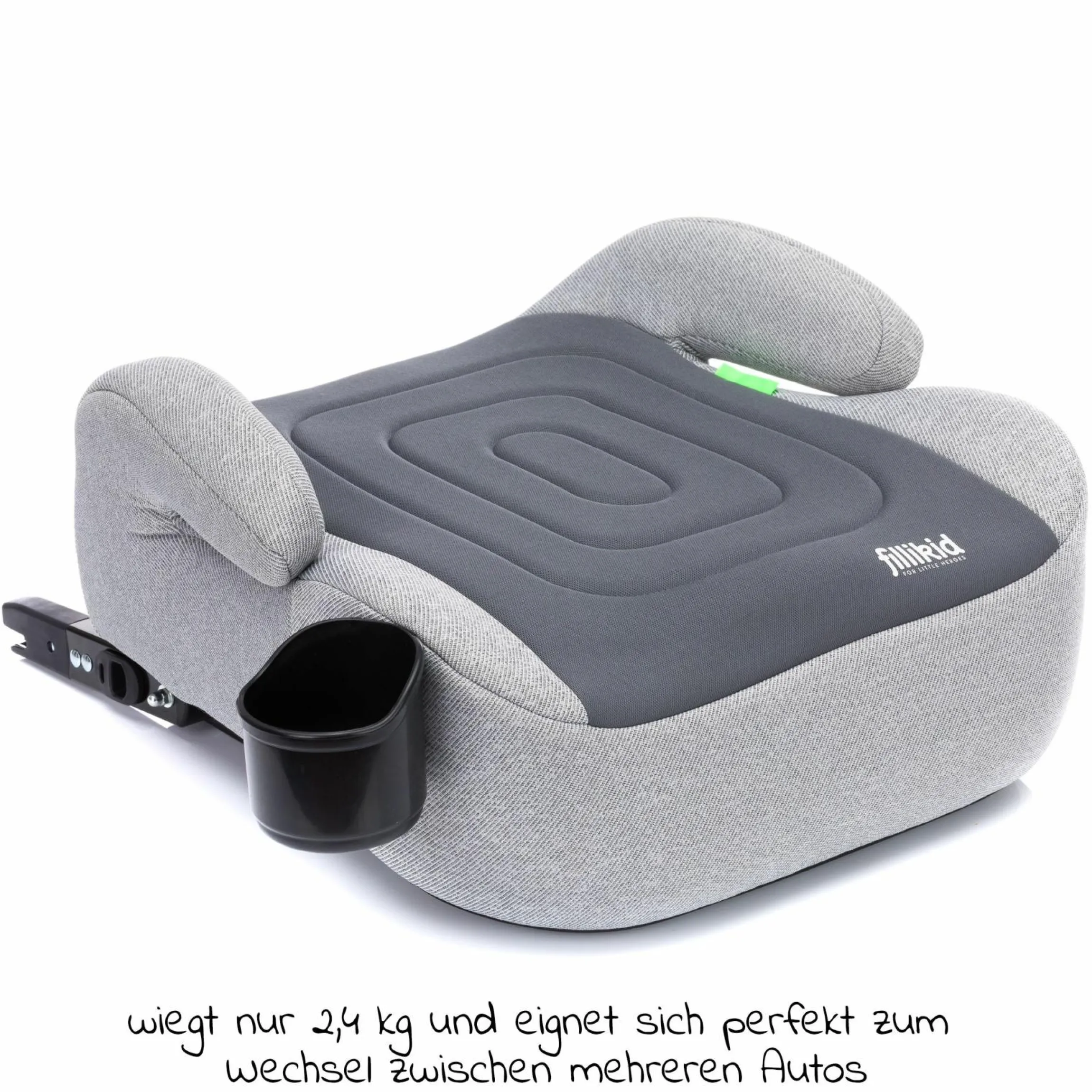Auto-Kindersitzerhöhung Booster i-Size ab 7 Jahre - 12 Jahre (125 cm - 150 cm) mit einklappbarer Isofix-Halterung & Getränkehalter inkl. Gurtpolster - Dunkelgrau Grau