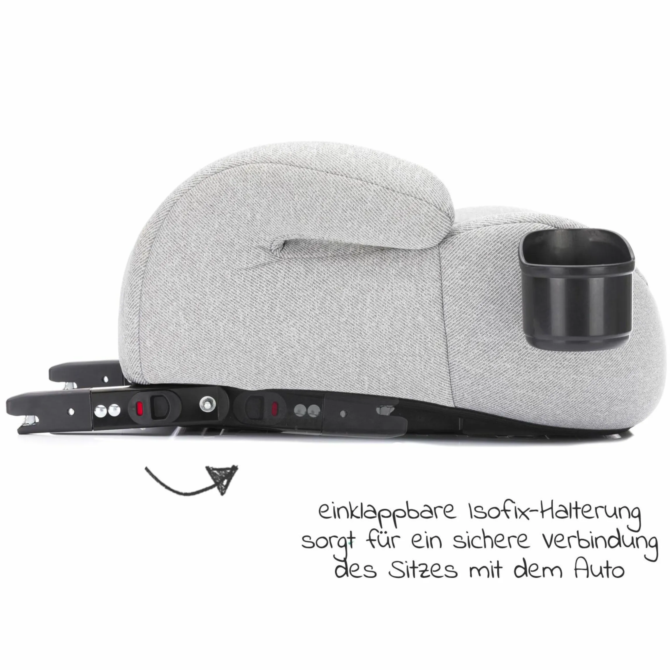 Auto-Kindersitzerhöhung Booster i-Size ab 7 Jahre - 12 Jahre (125 cm - 150 cm) mit einklappbarer Isofix-Halterung & Getränkehalter inkl. Gurtpolster - Dunkelgrau Grau