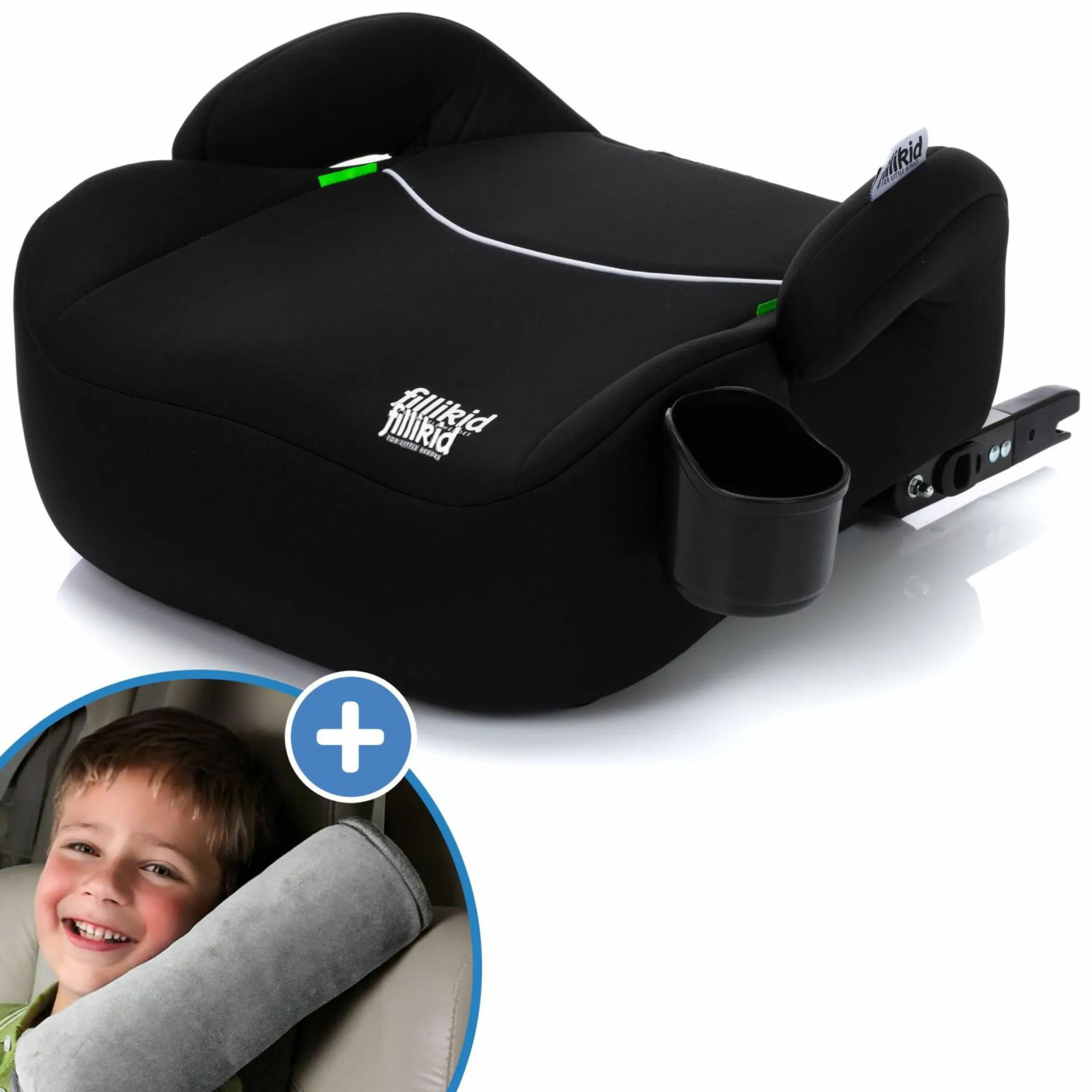 Auto-Kindersitzerhöhung Booster i-Size ab 7 Jahre - 12 Jahre (125 cm - 150 cm) mit einklappbarer Isofix-Halterung & Getränkehalter inkl. Gurtpolster - Schwarz