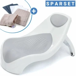 Baby-Badewannensitz Delfin mit ergonomischer Form inkl. Mull-Waschhandschuh 6er Pack - Grau