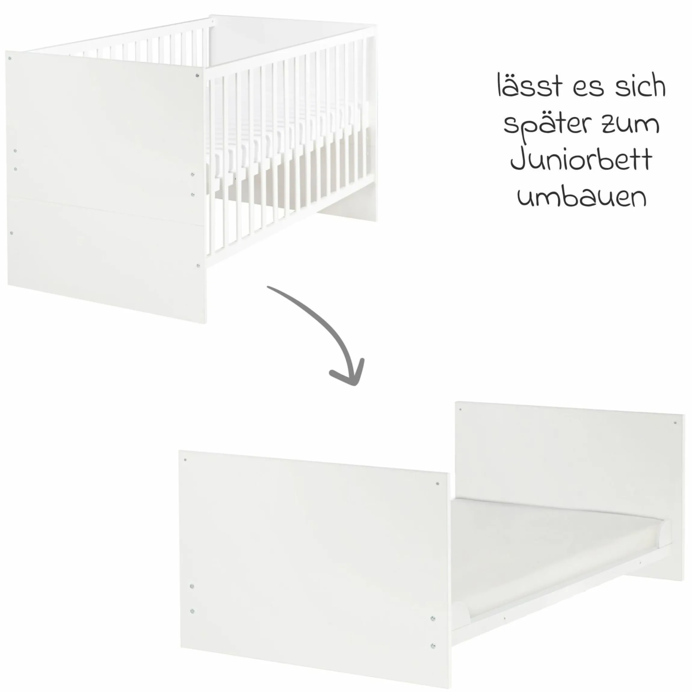 Babybett und Kinderbett Anton mit 3-fach höhenverstellbarem Lattenrost und 3 Schlupfsprossen 70 x 140 cm - Weiß - Kollektion 2024
