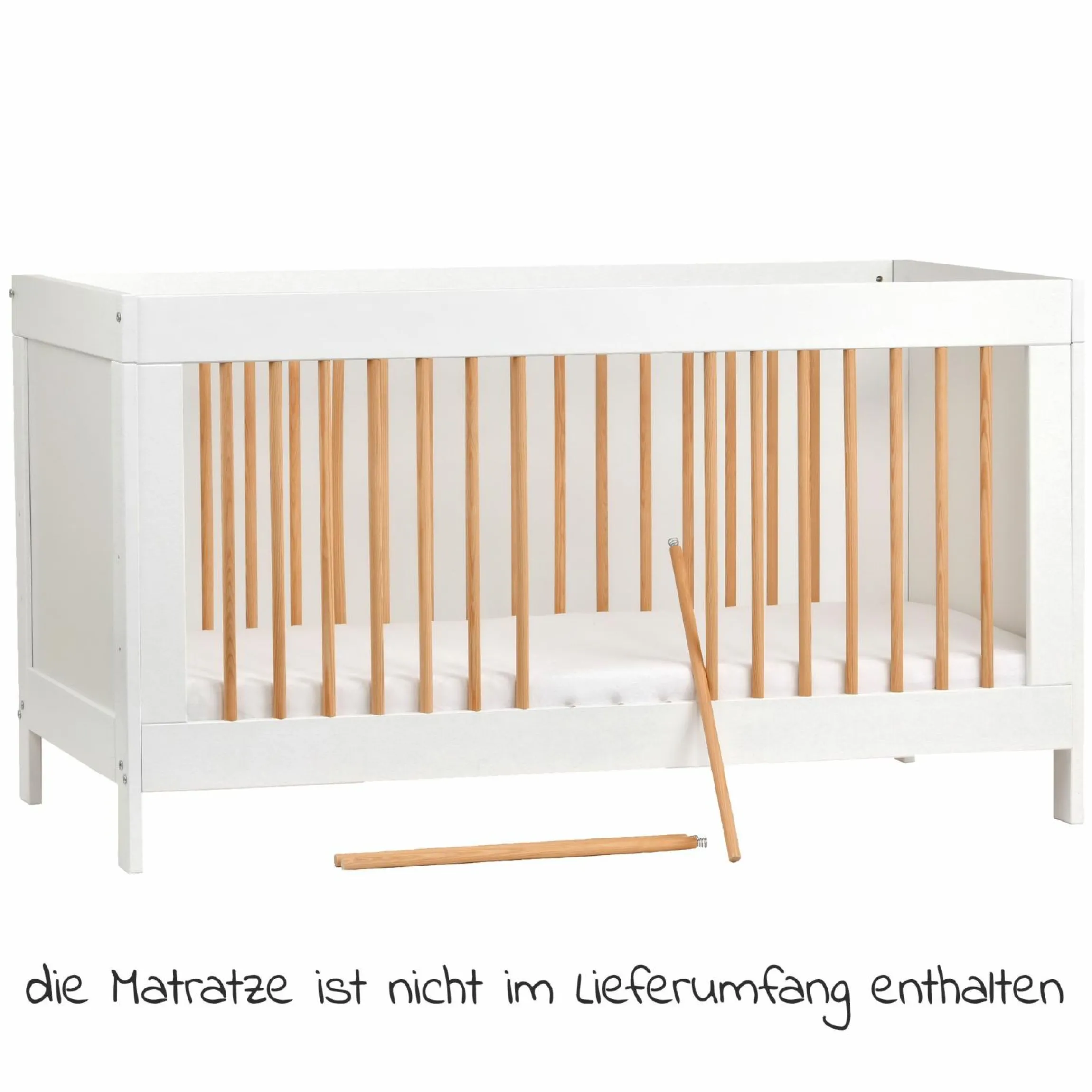 Babybett und Kinderbett Erwin mit 3-fach höhenverstellbarem Lattenrost und 3 Schlupfsprossen 70 x 140 cm - Weiß Gitter Natur
