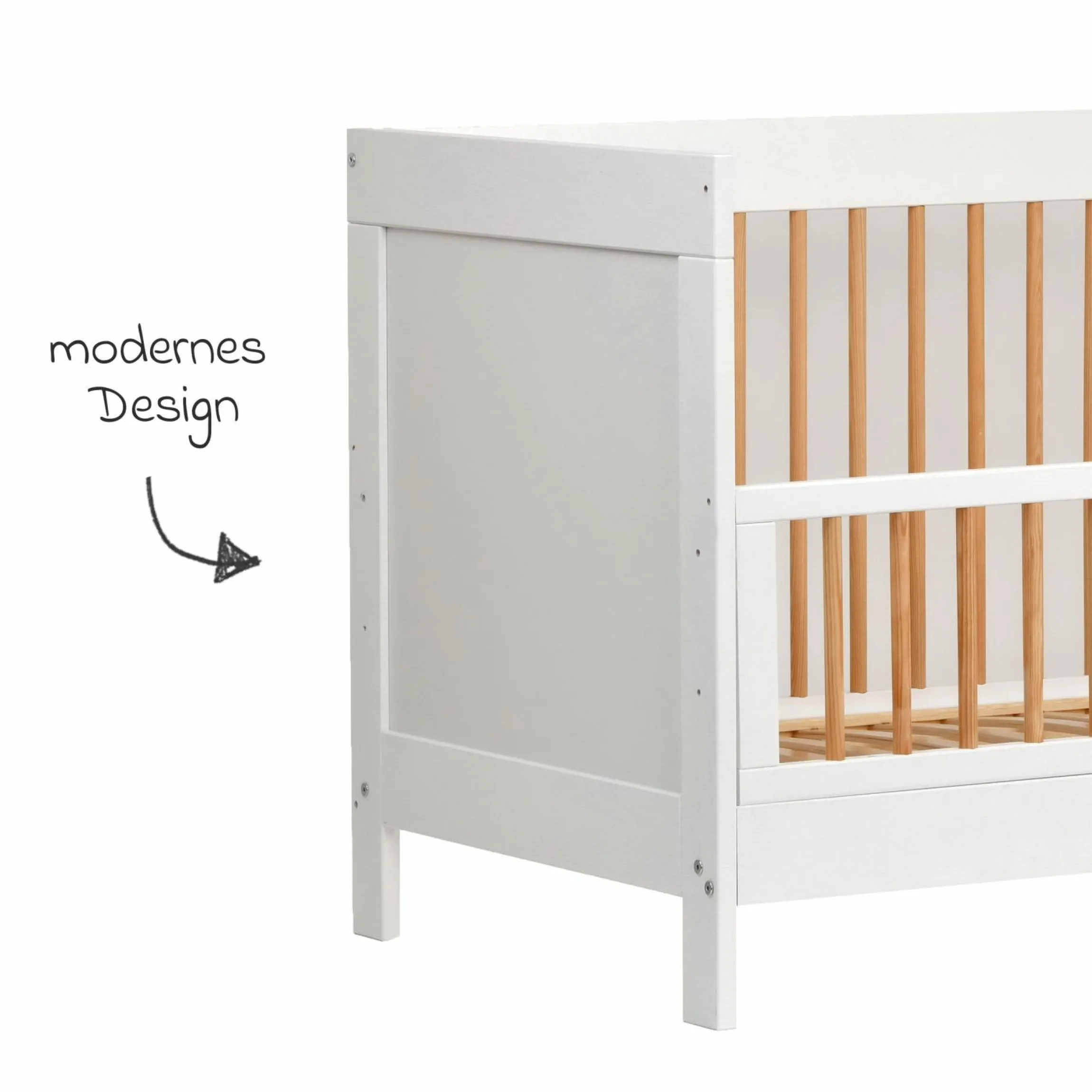 Babybett und Kinderbett Erwin mit 3-fach höhenverstellbarem Lattenrost und 3 Schlupfsprossen 70 x 140 cm - Weiß Gitter Natur