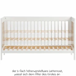 Babybett und Kinderbett Erwin mit 3-fach höhenverstellbarem Lattenrost und 3 Schlupfsprossen 70 x 140 cm - Weiß Gitter Natur