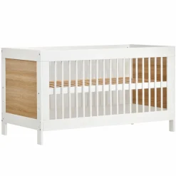 Babybett und Kinderbett Erwin mit 3-fach höhenverstellbarem Lattenrost und 3 Schlupfsprossen 70 x 140 cm - Weiß Eiche