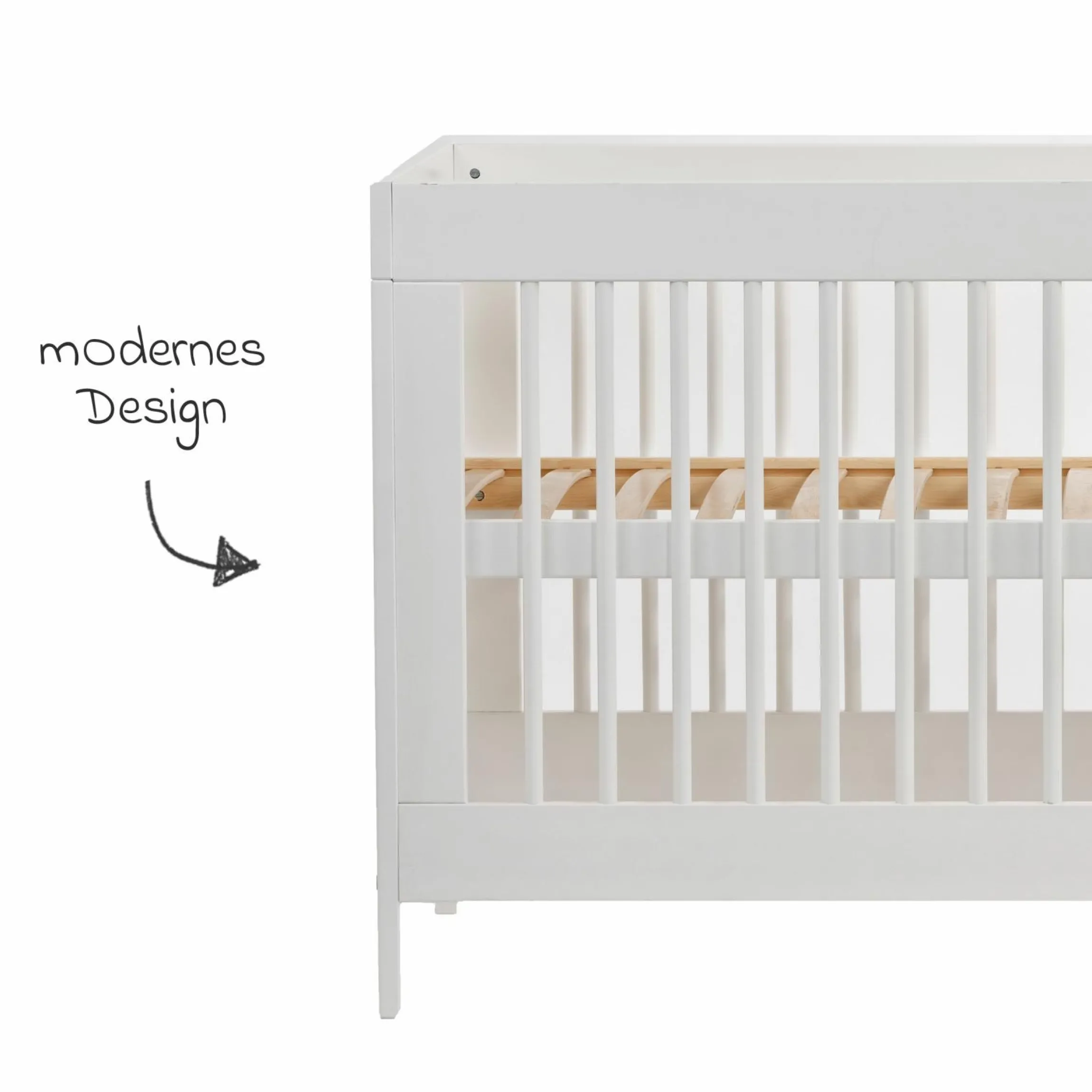 Babybett und Kinderbett Erwin mit 3-fach höhenverstellbarem Lattenrost und 3 Schlupfsprossen 70 x 140 cm - Weiß Eiche