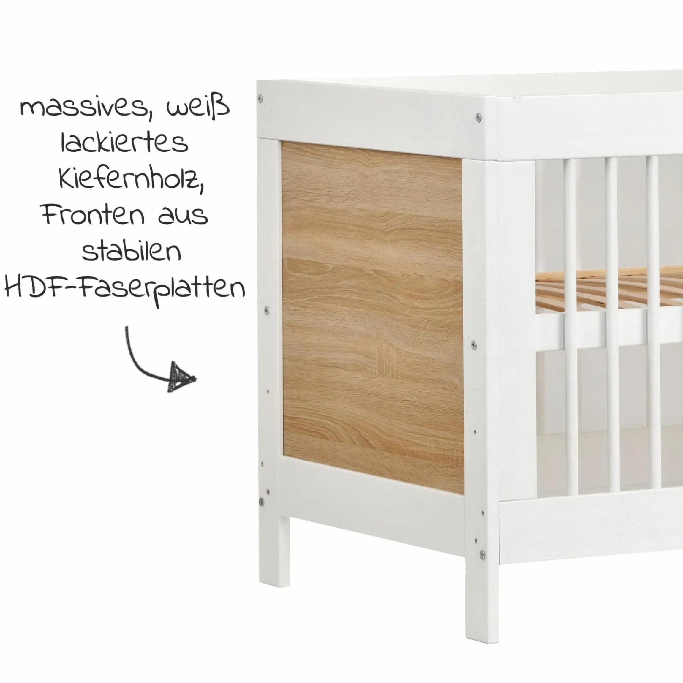 Babybett und Kinderbett Erwin mit 3-fach höhenverstellbarem Lattenrost und 3 Schlupfsprossen 70 x 140 cm - Weiß Eiche