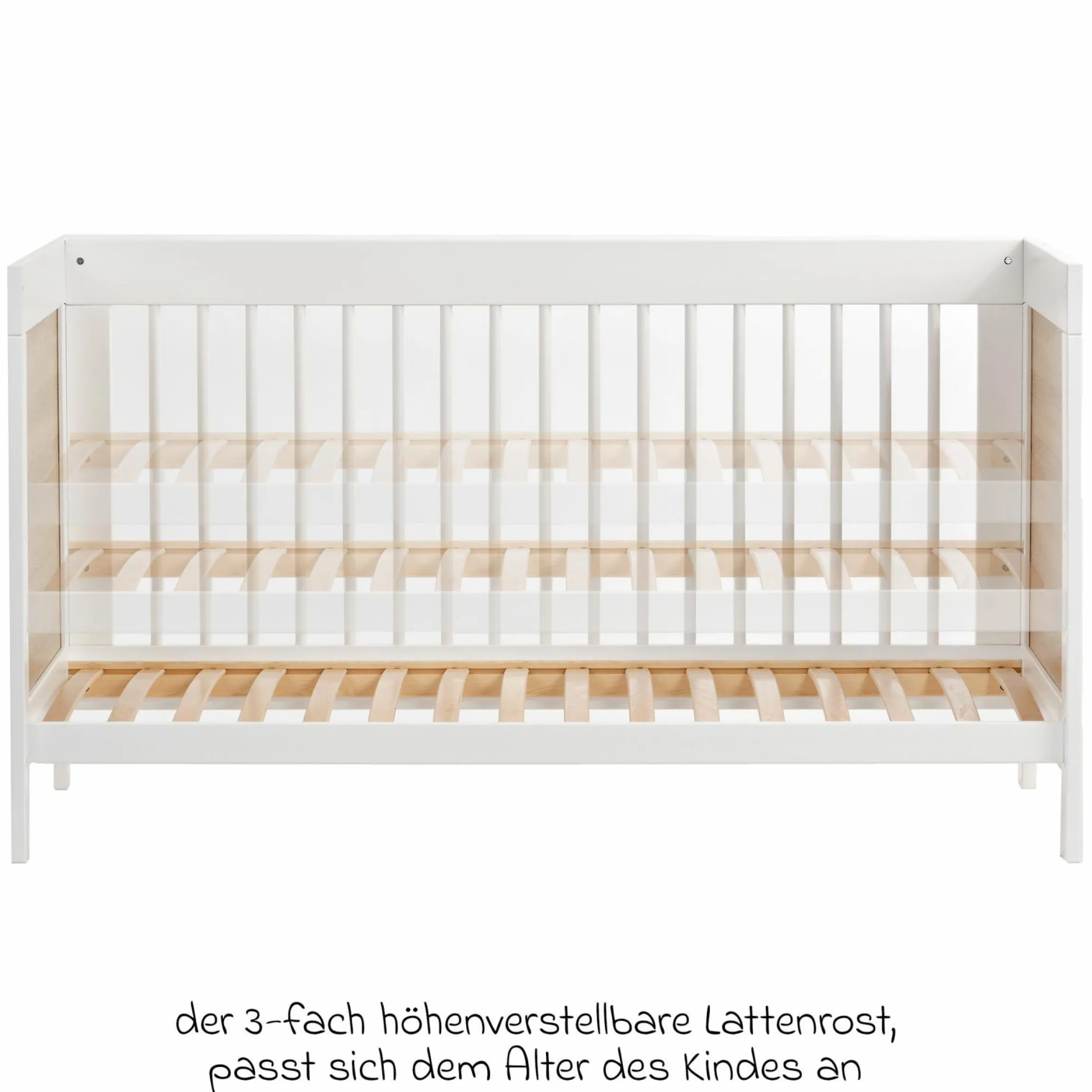 Babybett und Kinderbett Erwin mit 3-fach höhenverstellbarem Lattenrost und 3 Schlupfsprossen 70 x 140 cm - Weiß Eiche