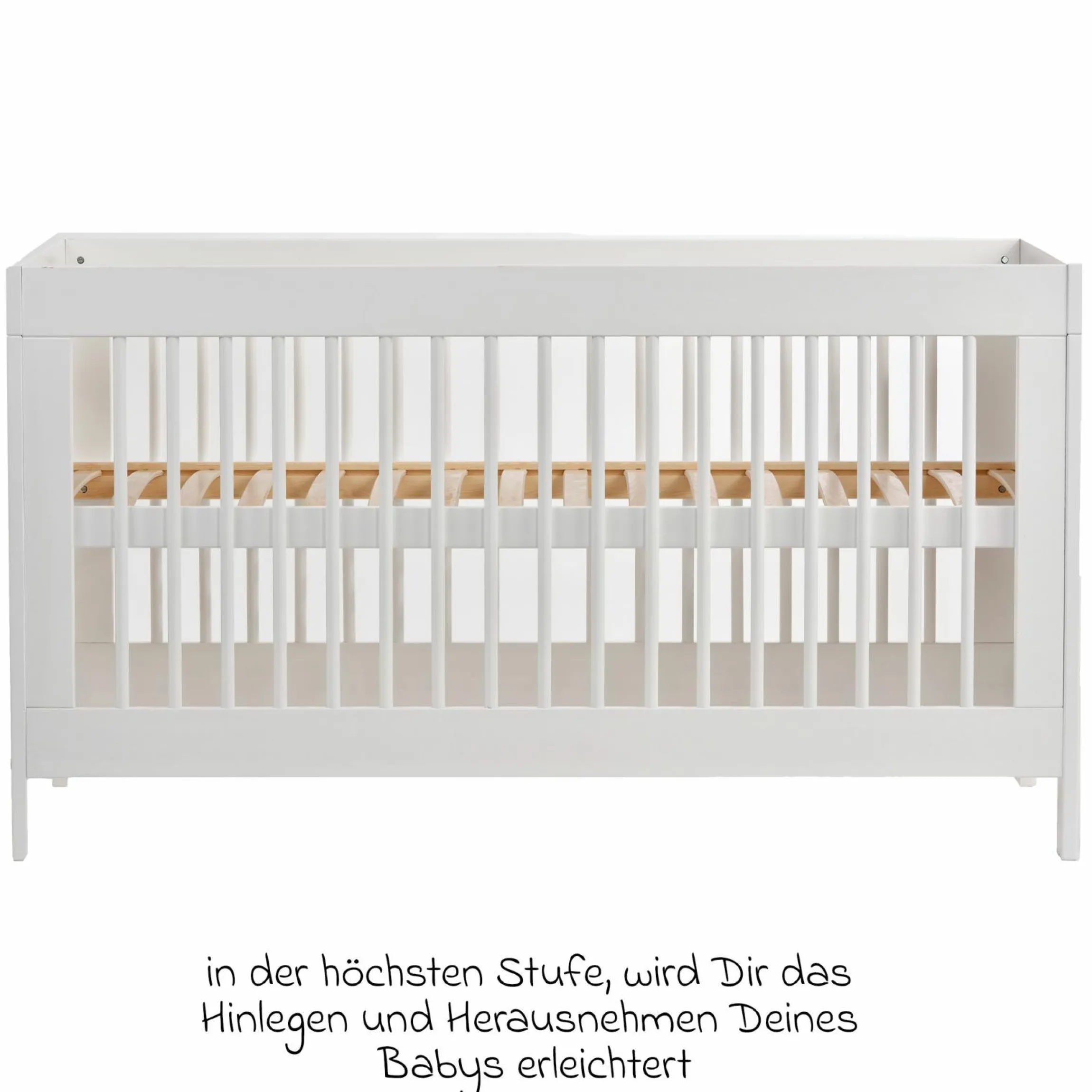Babybett und Kinderbett Erwin mit 3-fach höhenverstellbarem Lattenrost und 3 Schlupfsprossen 70 x 140 cm - Weiß Eiche