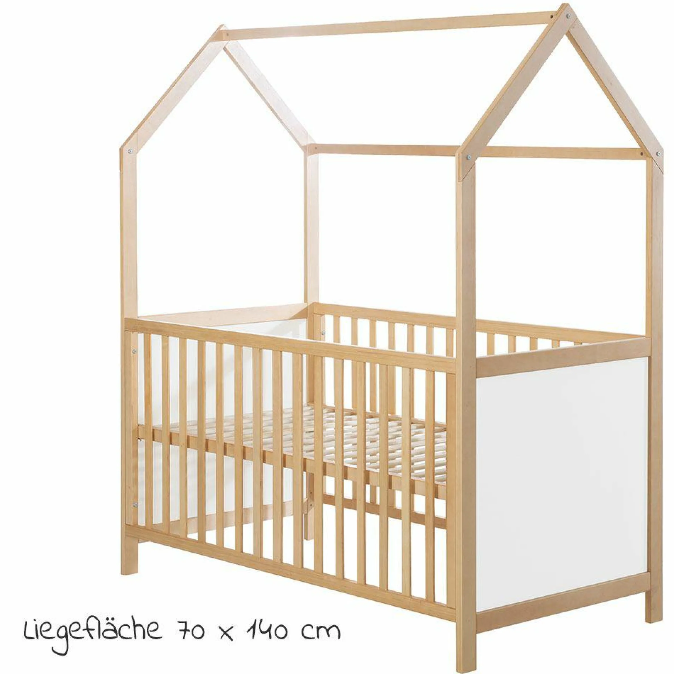 Babybett und Kinderbett in Hausoptik 70 x 140 cm - Natur Weiß