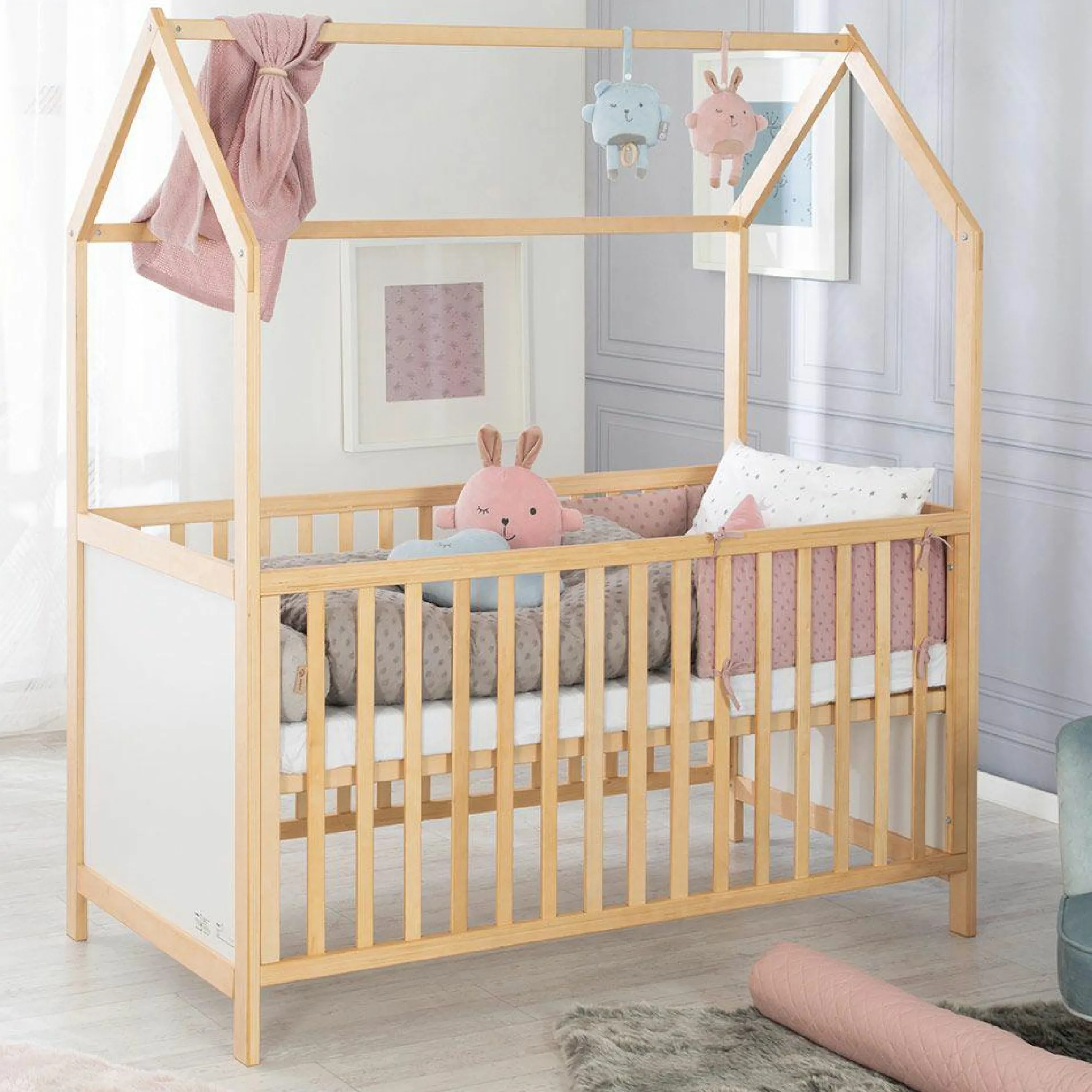 Babybett und Kinderbett in Hausoptik 70 x 140 cm - Natur Weiß