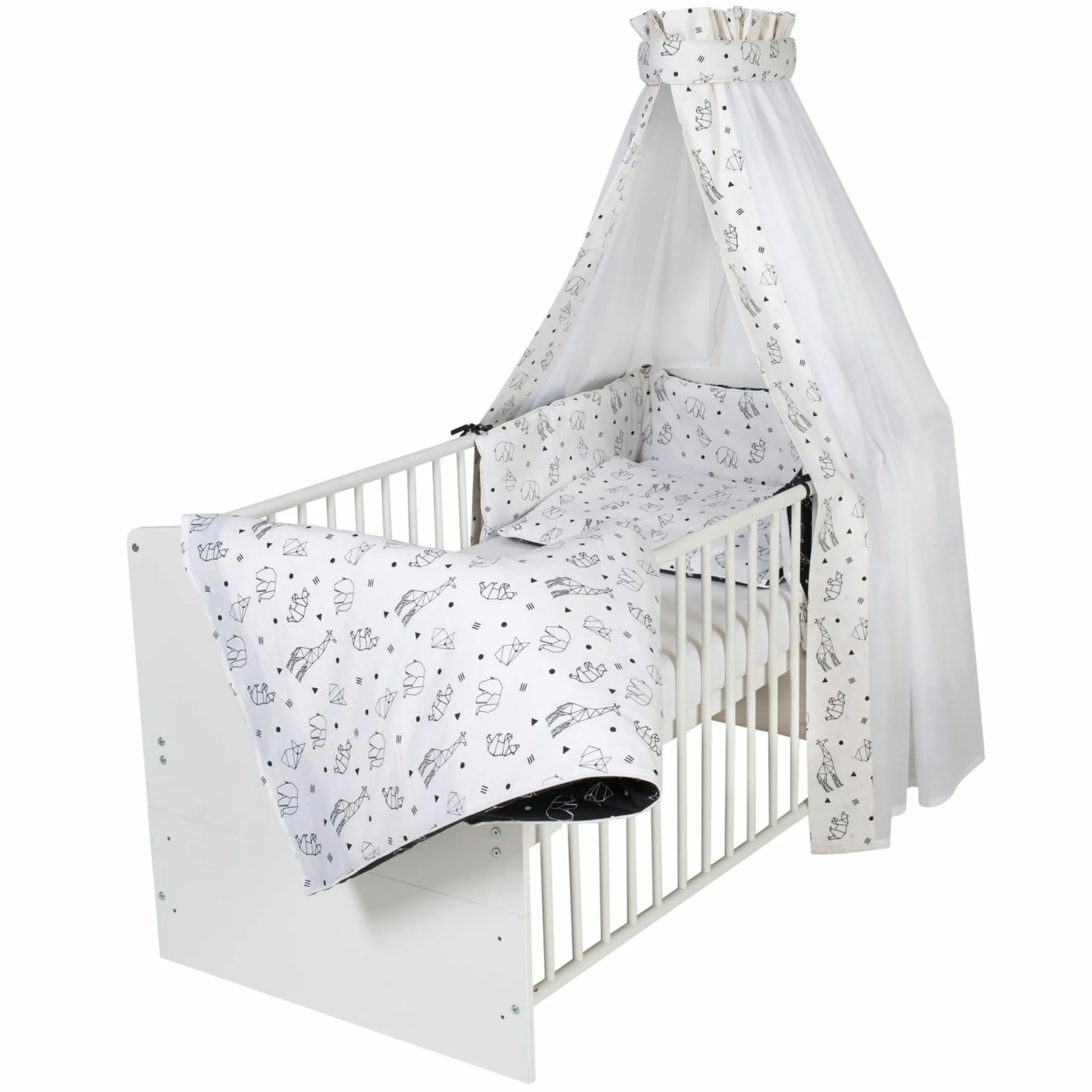 Babybett-Komplett-Set Classic-Line inkl. Bettwäsche, Himmel, Nestchen & Matratze Weiß 70 x 140 cm - Origami - Black