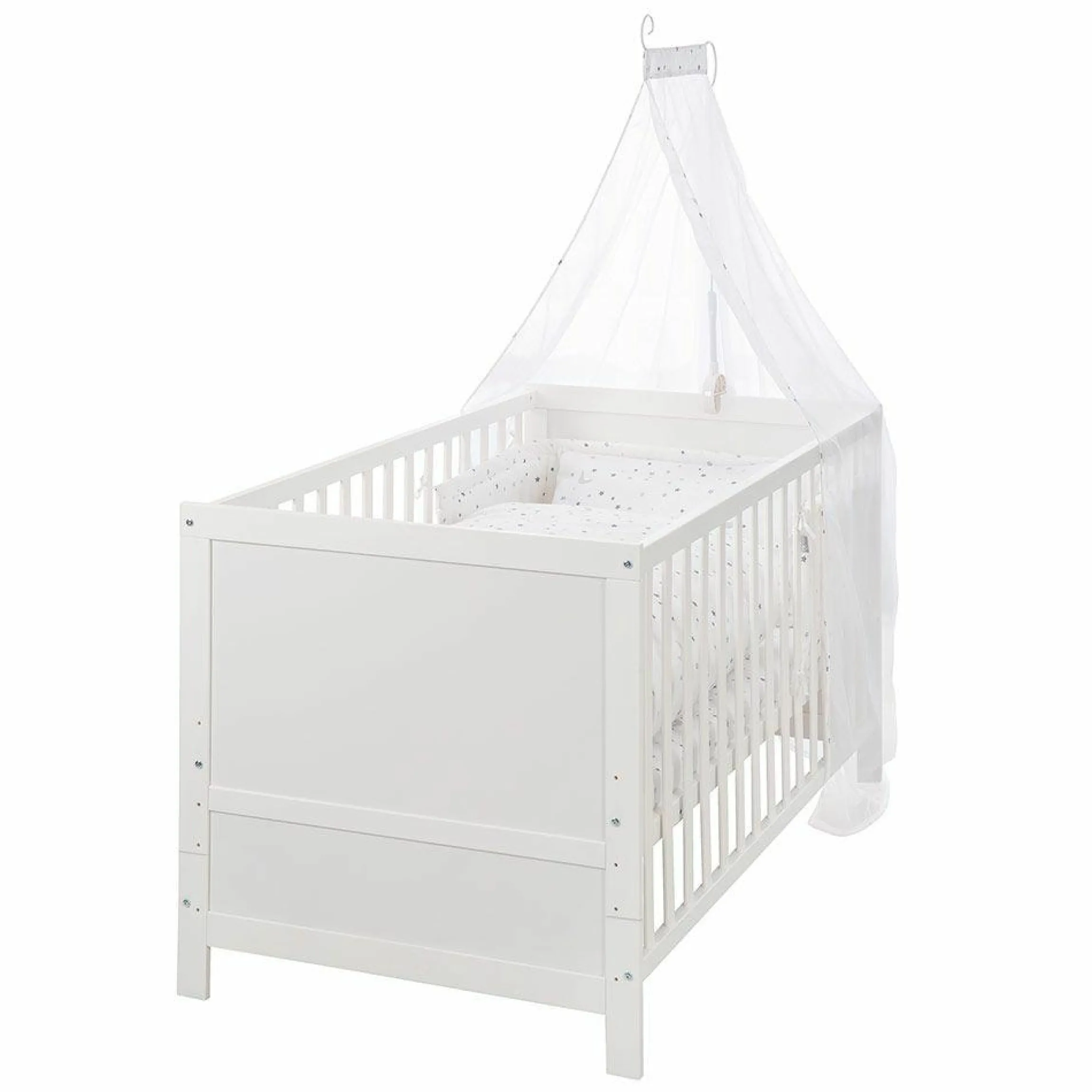 Babybett-Komplett-Set Weiß - inkl. Bettwäsche, Himmel, Nestchen & Matratze 70 x 140 cm - Sternenzauber Grau