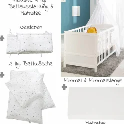 Babybett-Komplett-Set Weiß - inkl. Bettwäsche, Himmel, Nestchen & Matratze 70 x 140 cm - Sternenzauber Grau