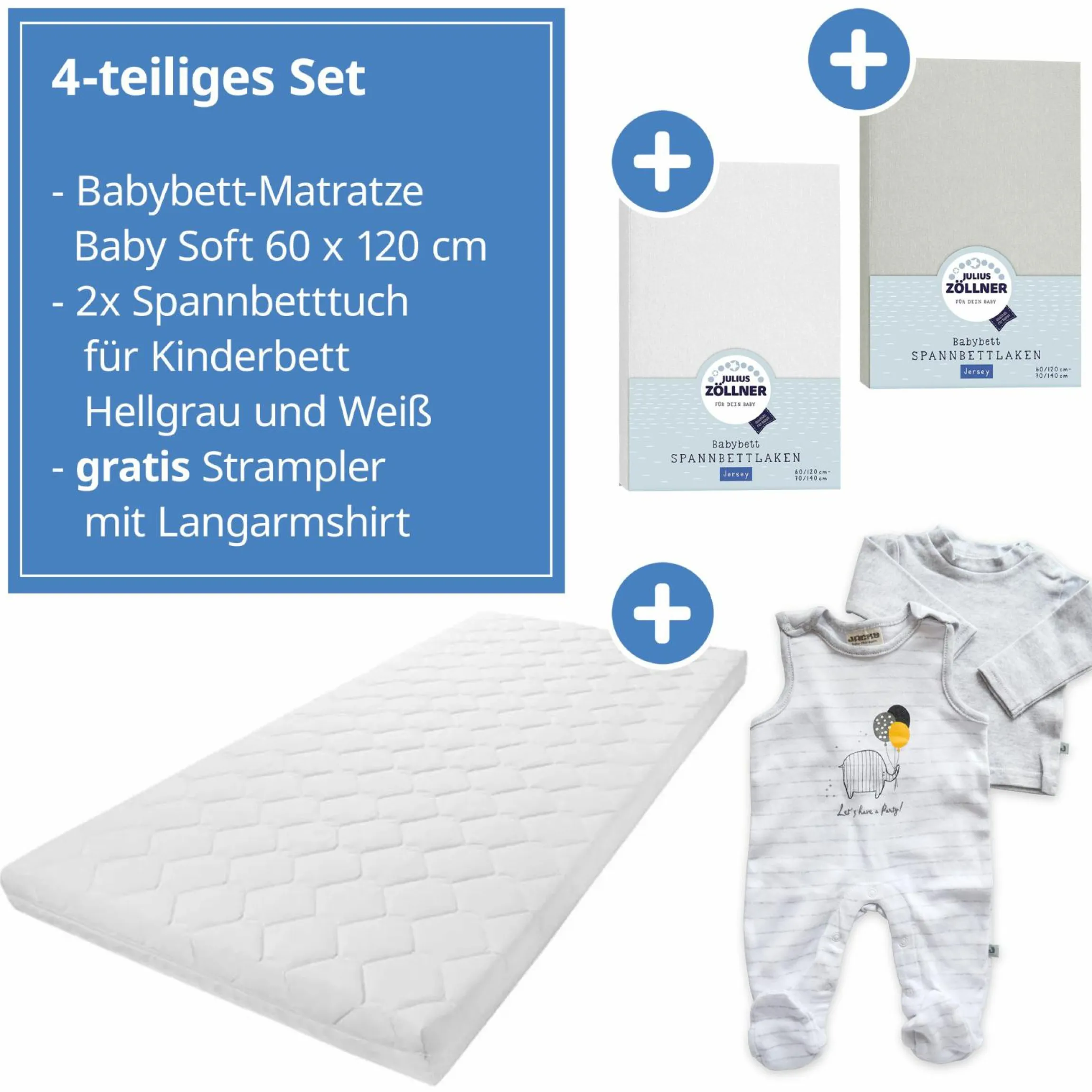 Babybett-Matratze Baby Soft 60 x 120 cm inkl. 2 Spannbettlaken + GRATIS Strampler & Shirt - Let`s have a Party