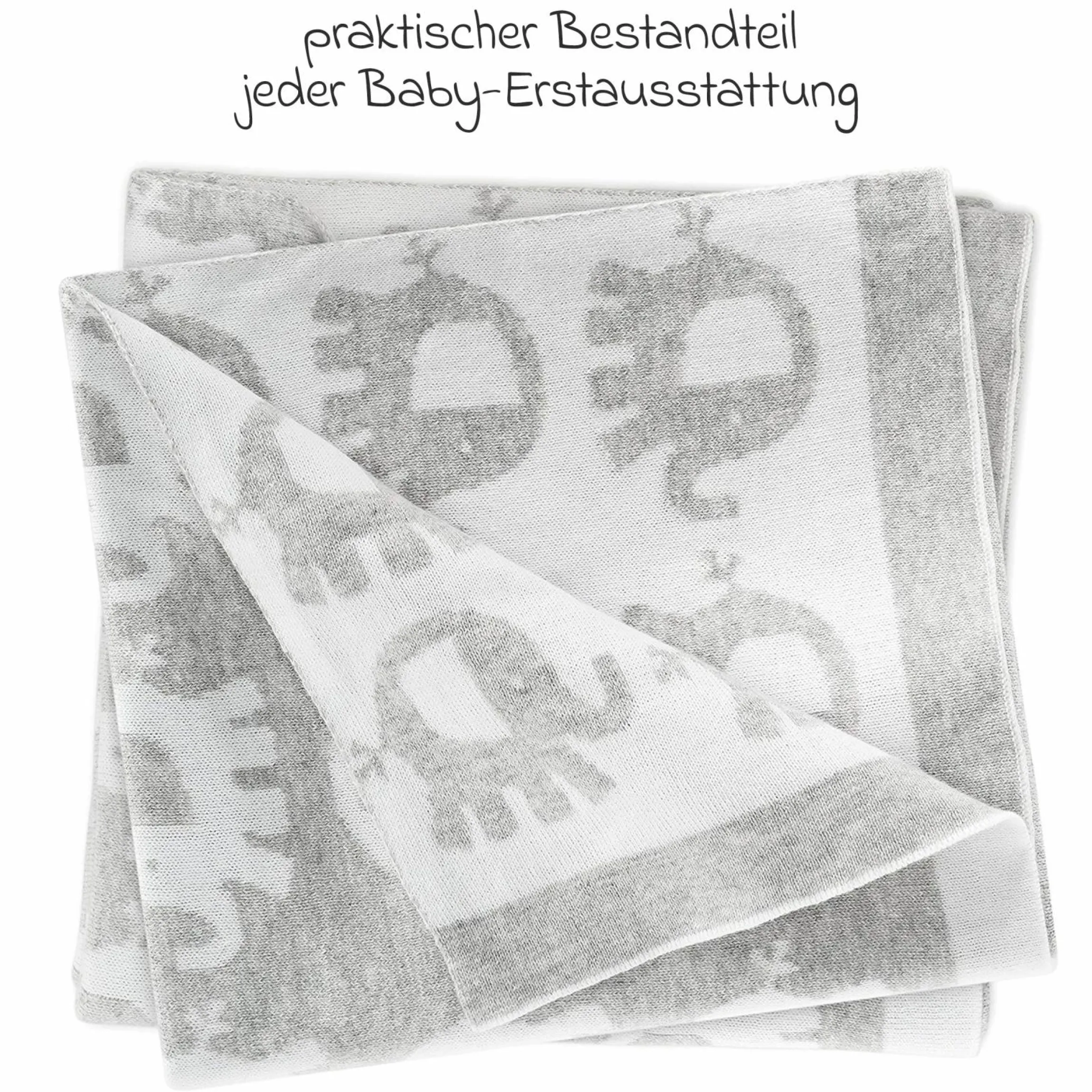 Babydecke 75 x 100 cm in Strickoptik aus Baumwolle - Elefanten - Grau Weiß