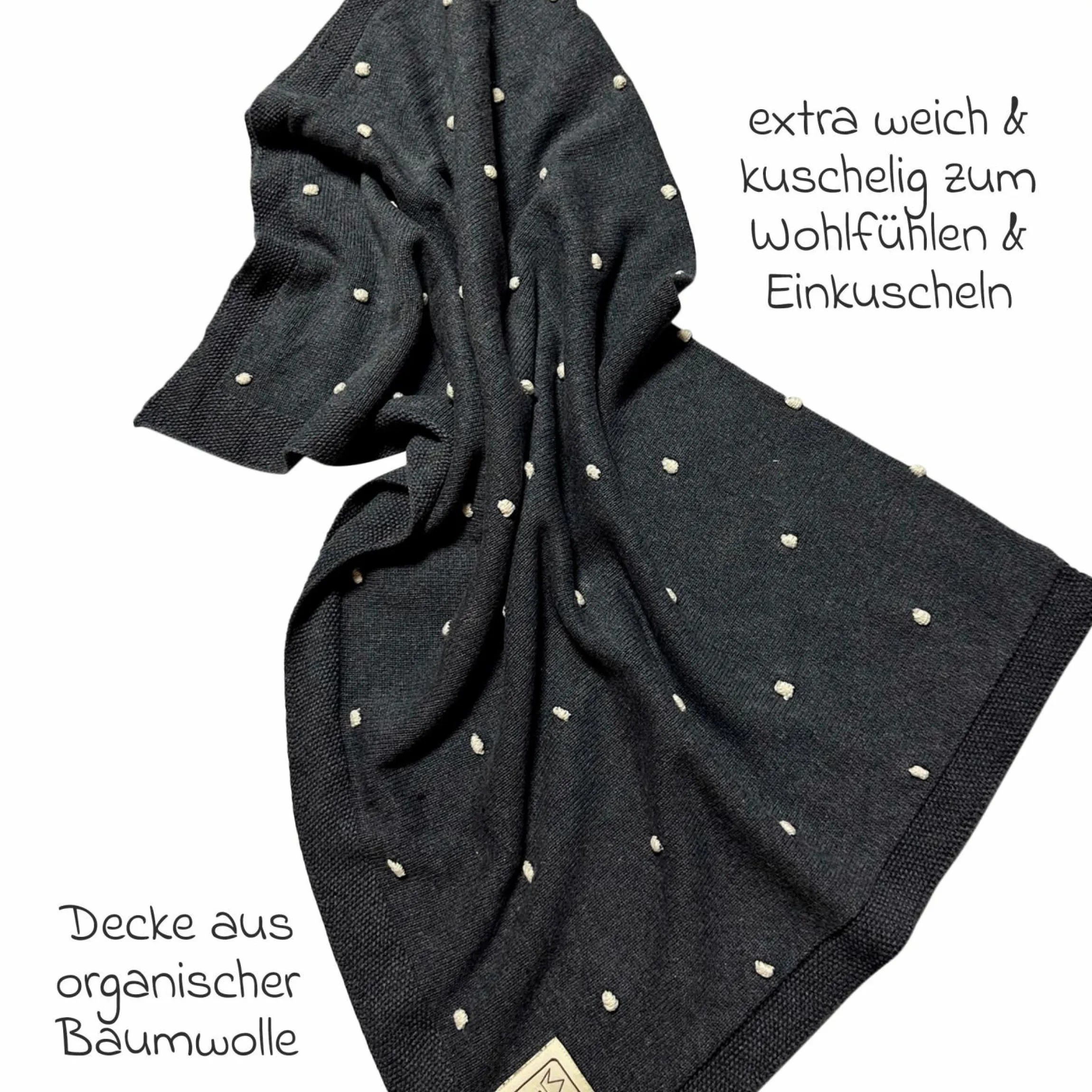 Babydecke Knots in Strickoptik aus 100% Organic Cotton 80 x 100 cm - Dark Grey Melange / Knots Natural