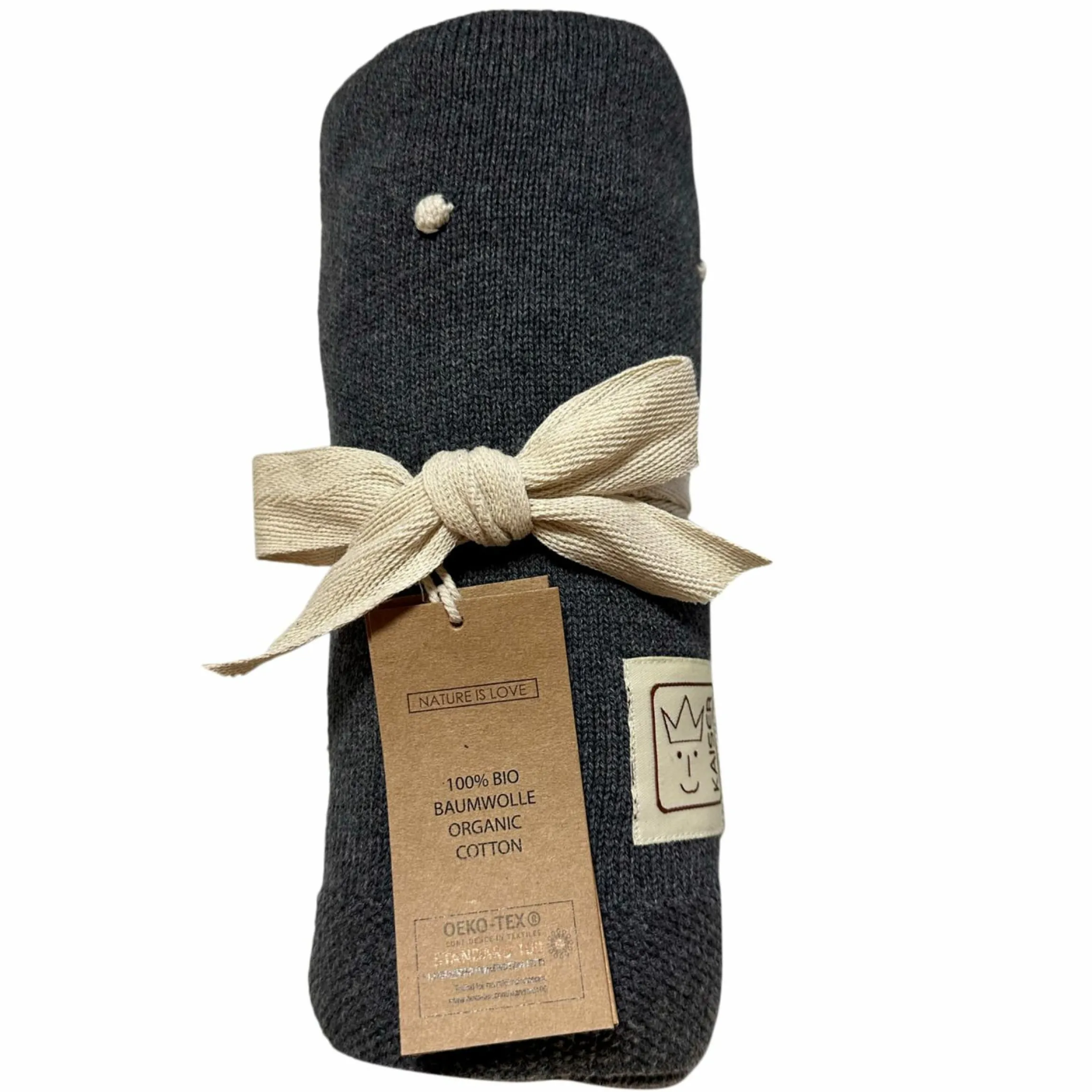 Babydecke Knots in Strickoptik aus 100% Organic Cotton 80 x 100 cm - Dark Grey Melange / Knots Natural