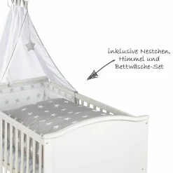 Baby-Komplett-Bett Lukas inkl. Bettwäsche, Himmel, Himmelstange, Nestchen & Matratze Weiß 70 x 140 cm - Little Stars