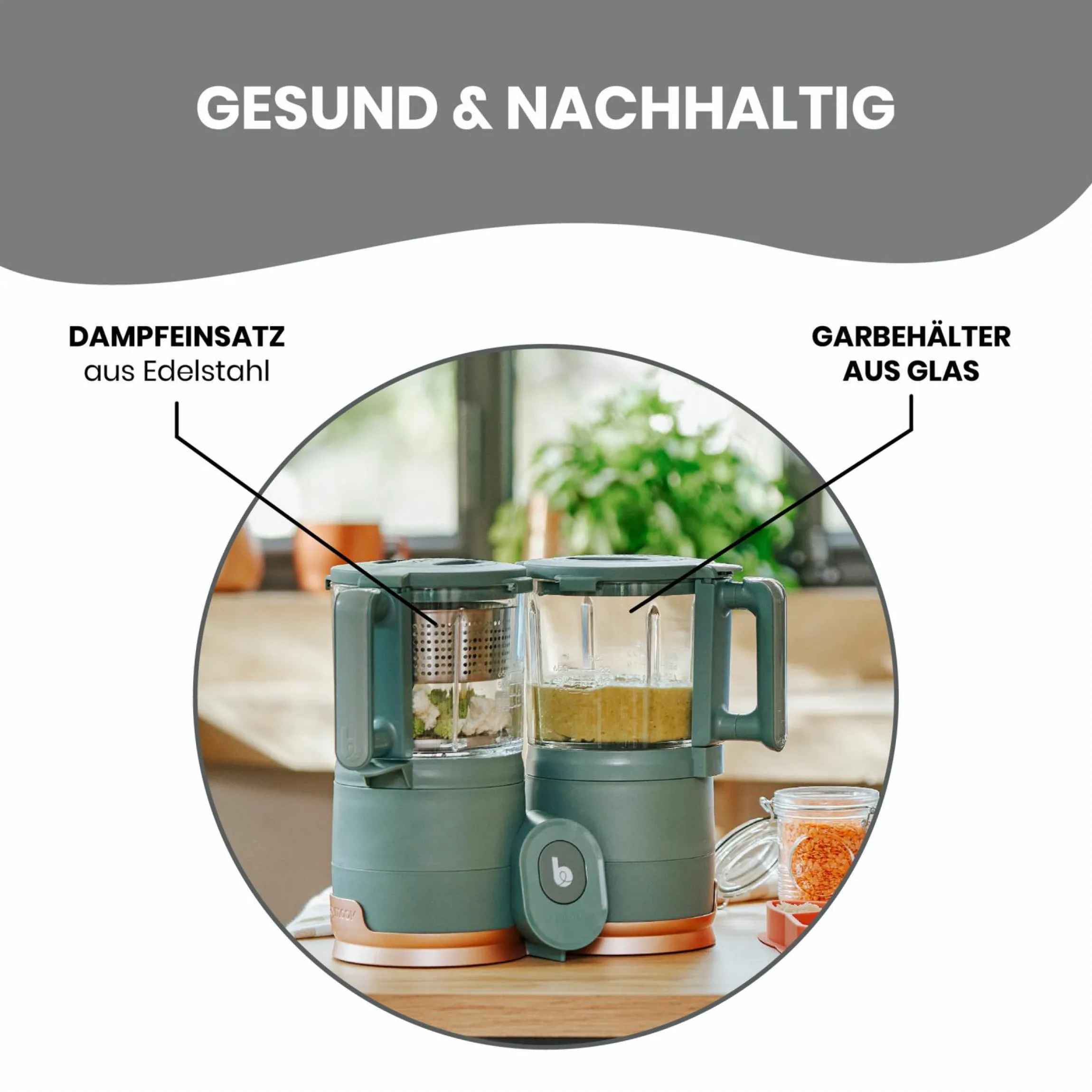 Babynahrungszubereiter Nutribaby Glas - schonendes Dampfgaren, Mixen, Sterilisieren, Aufwärmen & Auftauen - Green Forest