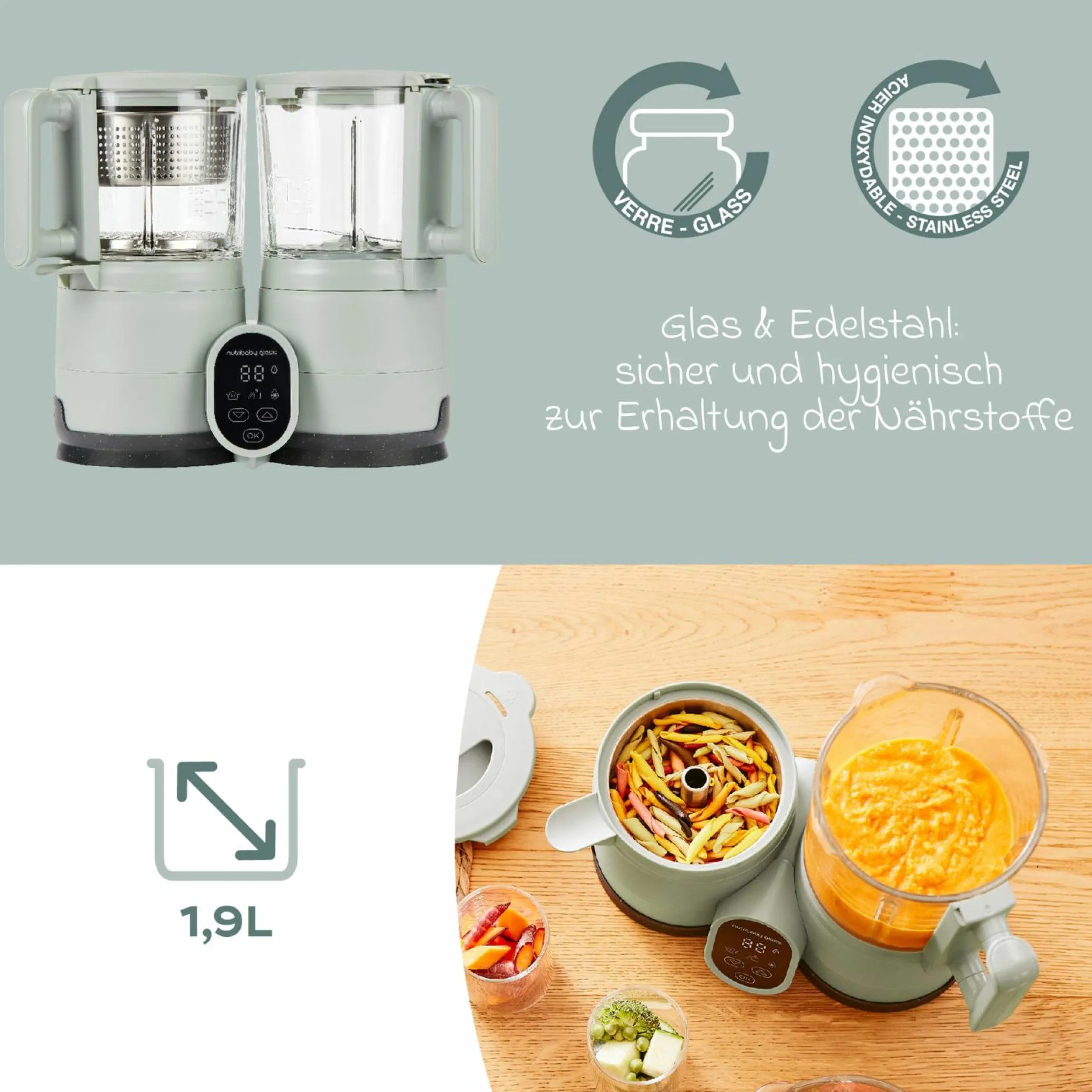 Babynahrungszubereiter Nutribaby Glass - schonendes Dampfgaren, Mixen, Sterilisieren, Aufwärmen & Auftauen - Green Celadon