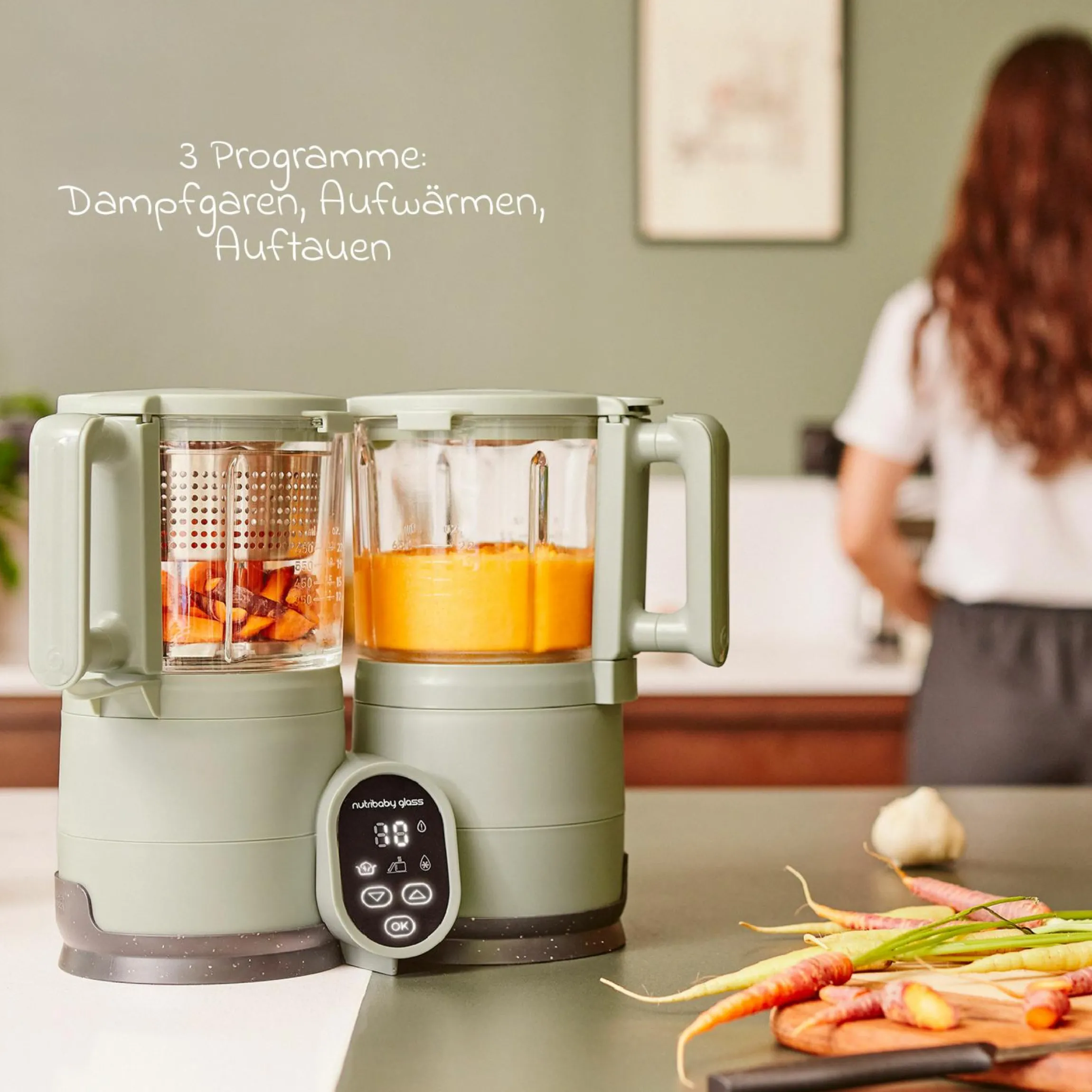 Babynahrungszubereiter Nutribaby Glass - schonendes Dampfgaren, Mixen, Sterilisieren, Aufwärmen & Auftauen - Green Celadon