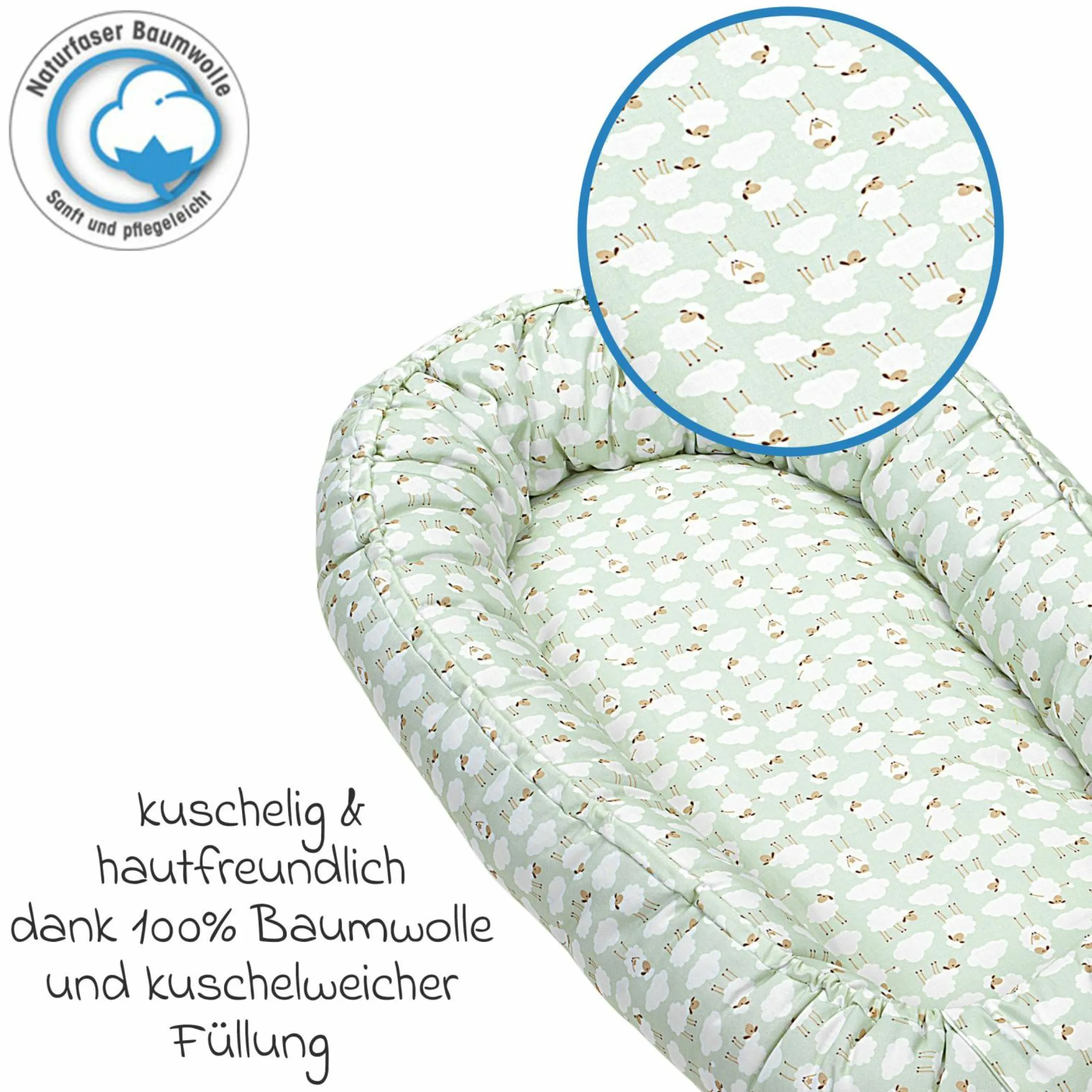 BabyNest das Original idealer Schlafplatz für zuhause und unterwegs - Sheep - Matcha - Kollektion 2024