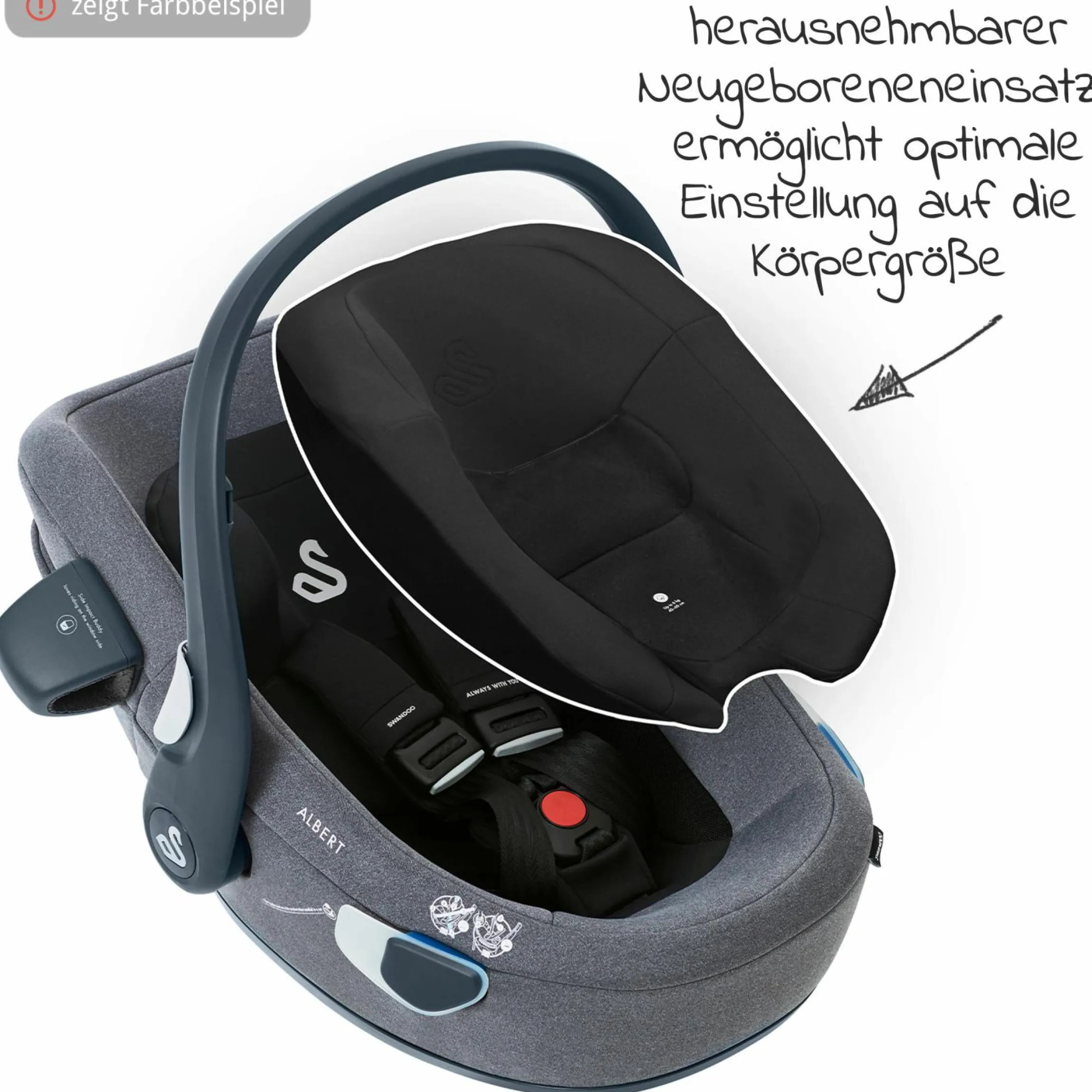 Babyschale Albert i-Size 1.2 ab Geburt - 18 Monate (40 cm - 85 cm, bis 13 kg) inkl. Neugeboreneneinlage, Sonnenverdeck & verstellbare Kopfstütze - Alfala