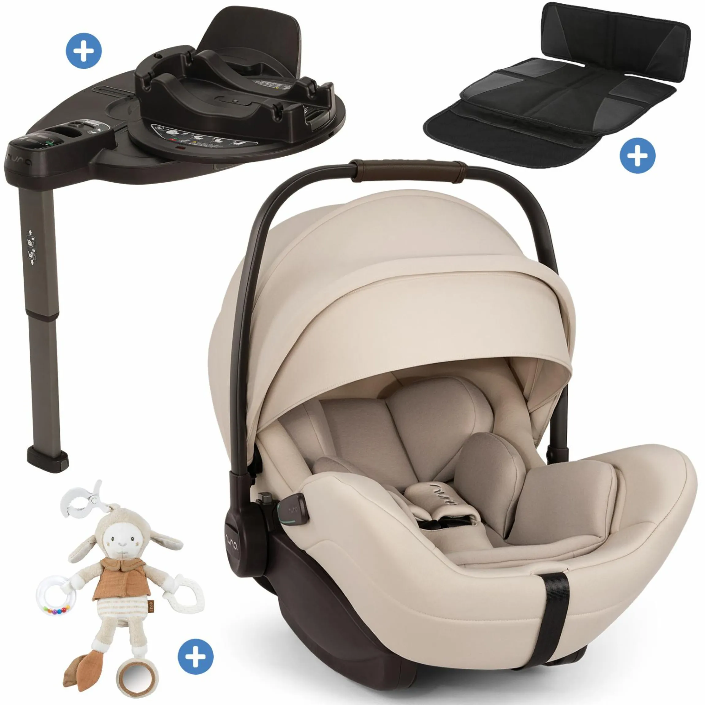 Babyschale ARRA flex i-Size inkl. Base Curv ab Geburt bis 13 kg (40 cm - 87 cm) Liegeposition 157° , Sitzverkleinerer, Sonnenverdeck, Polsterschutz, Spieltier - Biscotti