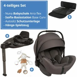 Babyschale ARRA flex i-Size inkl. Base Curv ab Geburt bis 13 kg (40 cm - 87 cm) Liegeposition 157° , Sitzverkleinerer, Sonnenverdeck, Polsterschutz, Spieltier - Thunder