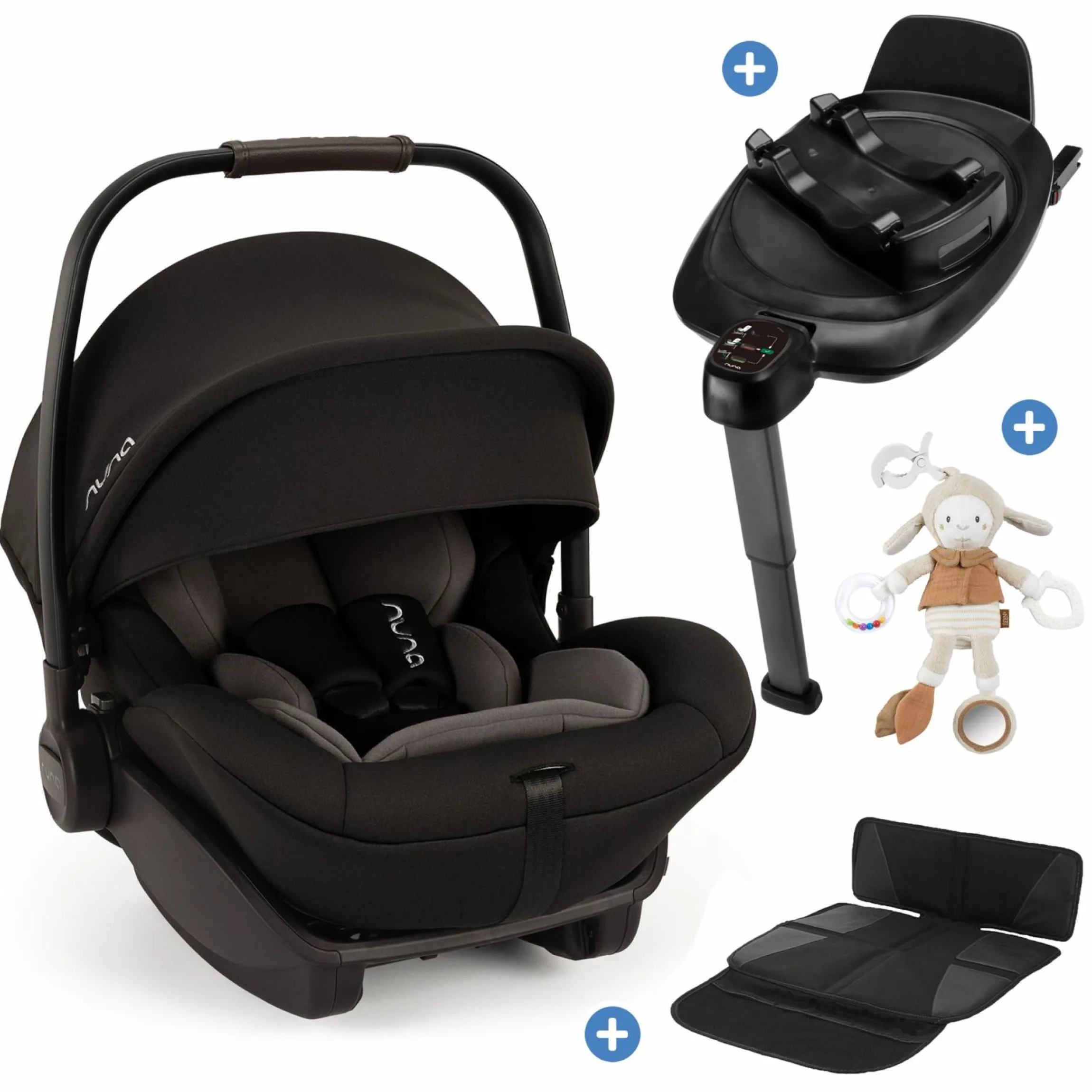 Babyschale ARRA next inkl. Base next ab Geburt bis 13 kg (40 cm - 85 cm) inkl. Sitzverkleinerer, Sonnenverdeck, Polsterschutz, Spieltier nur 3,5 kg - Caviar