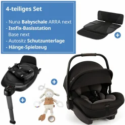 Babyschale ARRA next inkl. Base next ab Geburt bis 13 kg (40 cm - 85 cm) inkl. Sitzverkleinerer, Sonnenverdeck, Polsterschutz, Spieltier nur 3,5 kg - Caviar