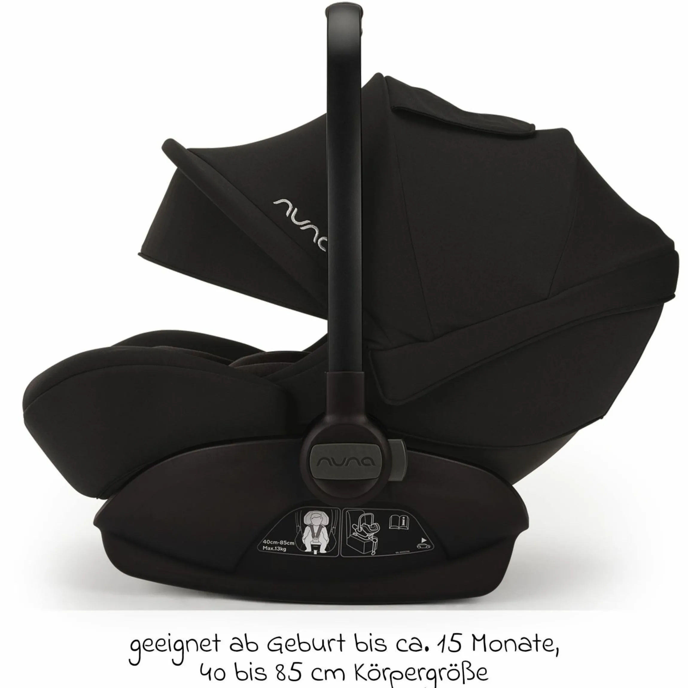 Babyschale ARRA next inkl. Base next ab Geburt bis 13 kg (40 cm - 85 cm) inkl. Sitzverkleinerer, Sonnenverdeck, Polsterschutz, Spieltier nur 3,5 kg - Caviar