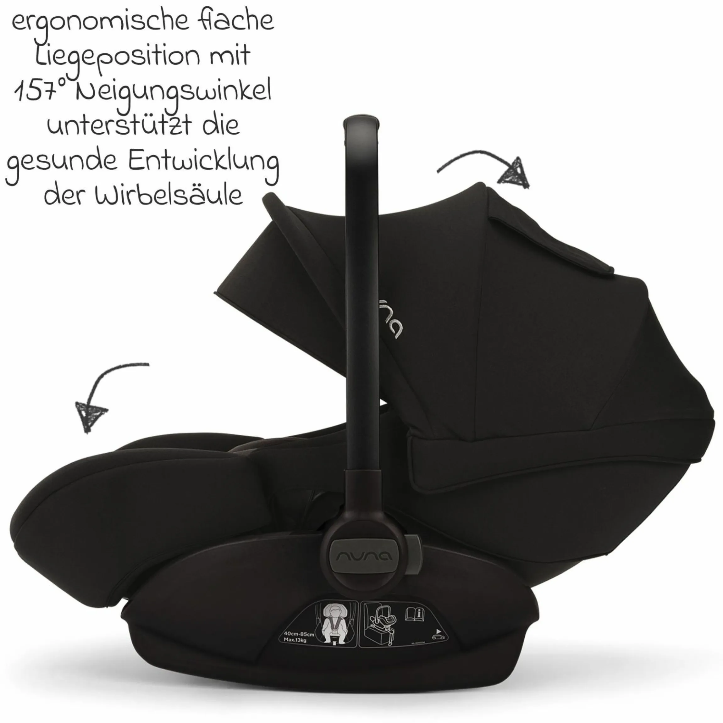 Babyschale ARRA next inkl. Base next ab Geburt bis 13 kg (40 cm - 85 cm) inkl. Sitzverkleinerer, Sonnenverdeck, Polsterschutz, Spieltier nur 3,5 kg - Caviar