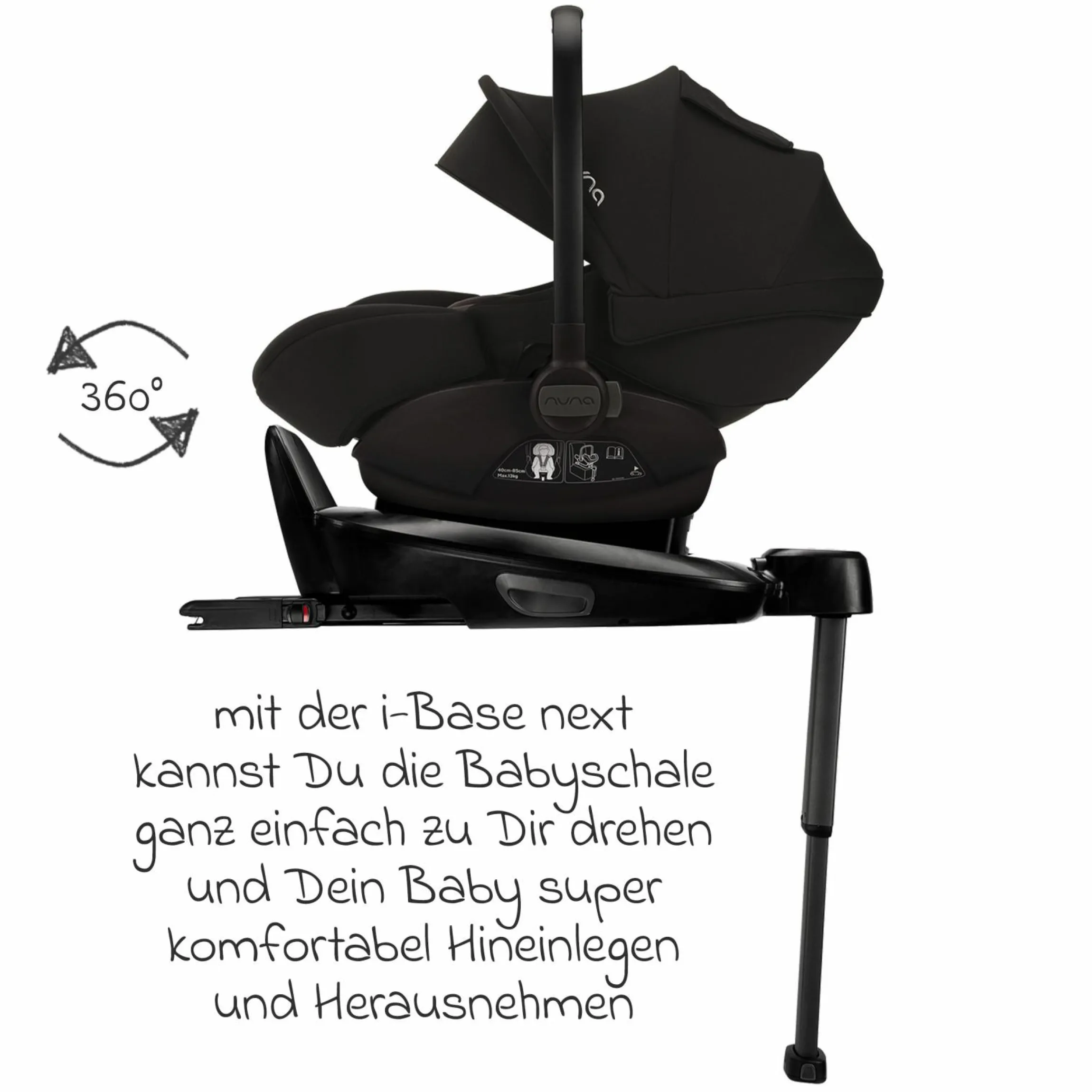 Babyschale ARRA next inkl. Base next ab Geburt bis 13 kg (40 cm - 85 cm) inkl. Sitzverkleinerer, Sonnenverdeck, Polsterschutz, Spieltier nur 3,5 kg - Caviar
