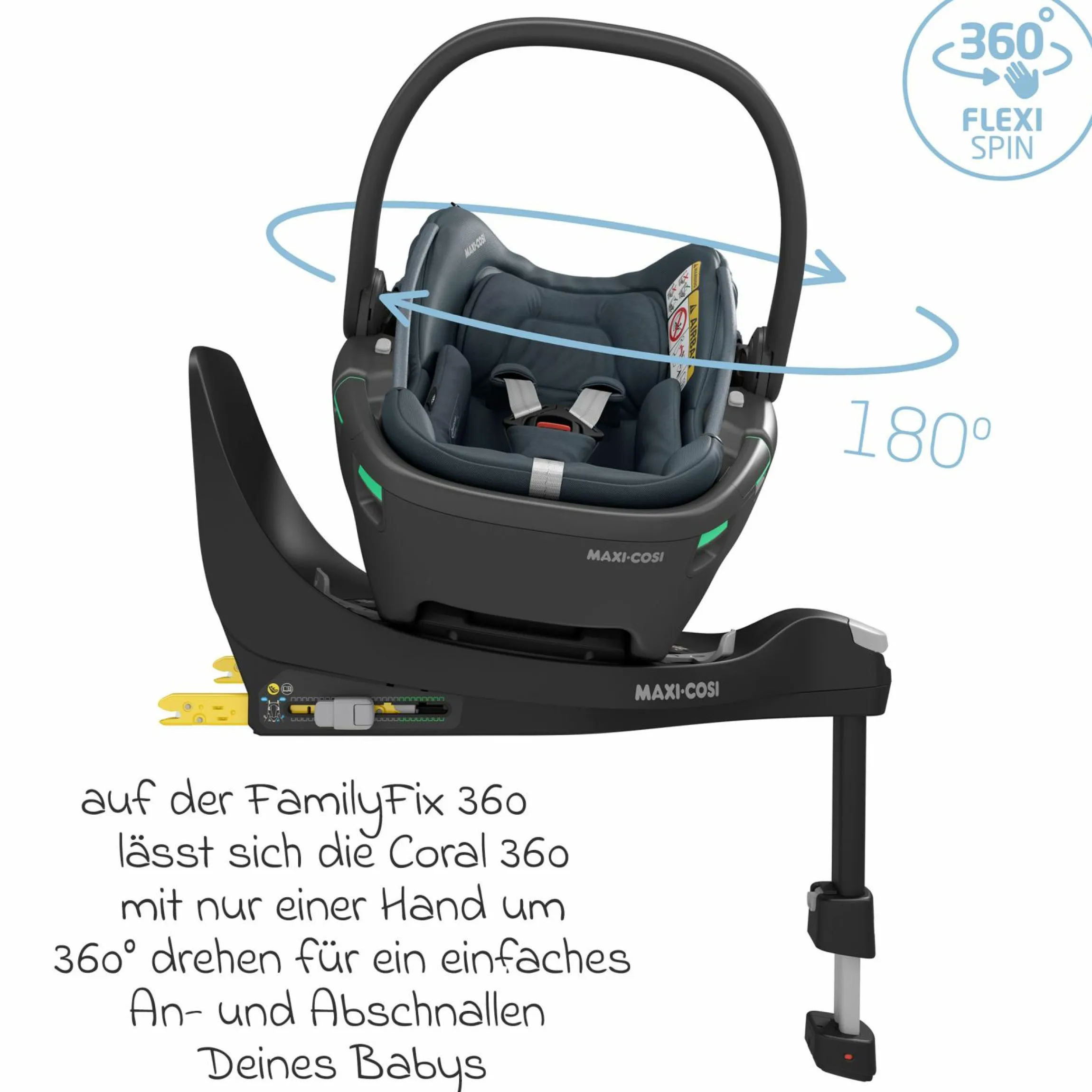 Babyschale Coral 360 i-Size ab Geburt bis 12 kg (40 cm - 75 cm) mit Soft Carrier & Sonnenverdeck - Essential Graphite