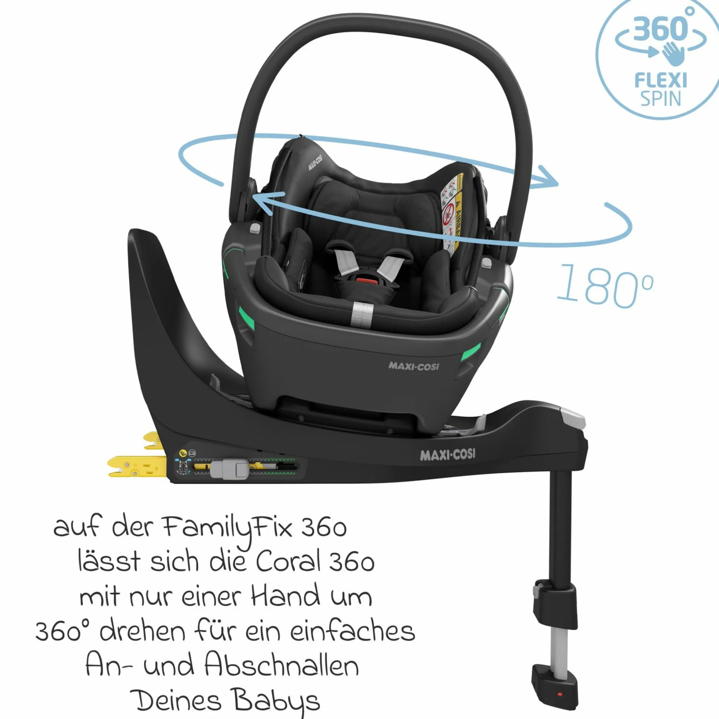 Babyschale Coral 360 i-Size ab Geburt bis 12 kg (40 cm - 75 cm) mit Soft Carrier & Sonnenverdeck - Essential Black
