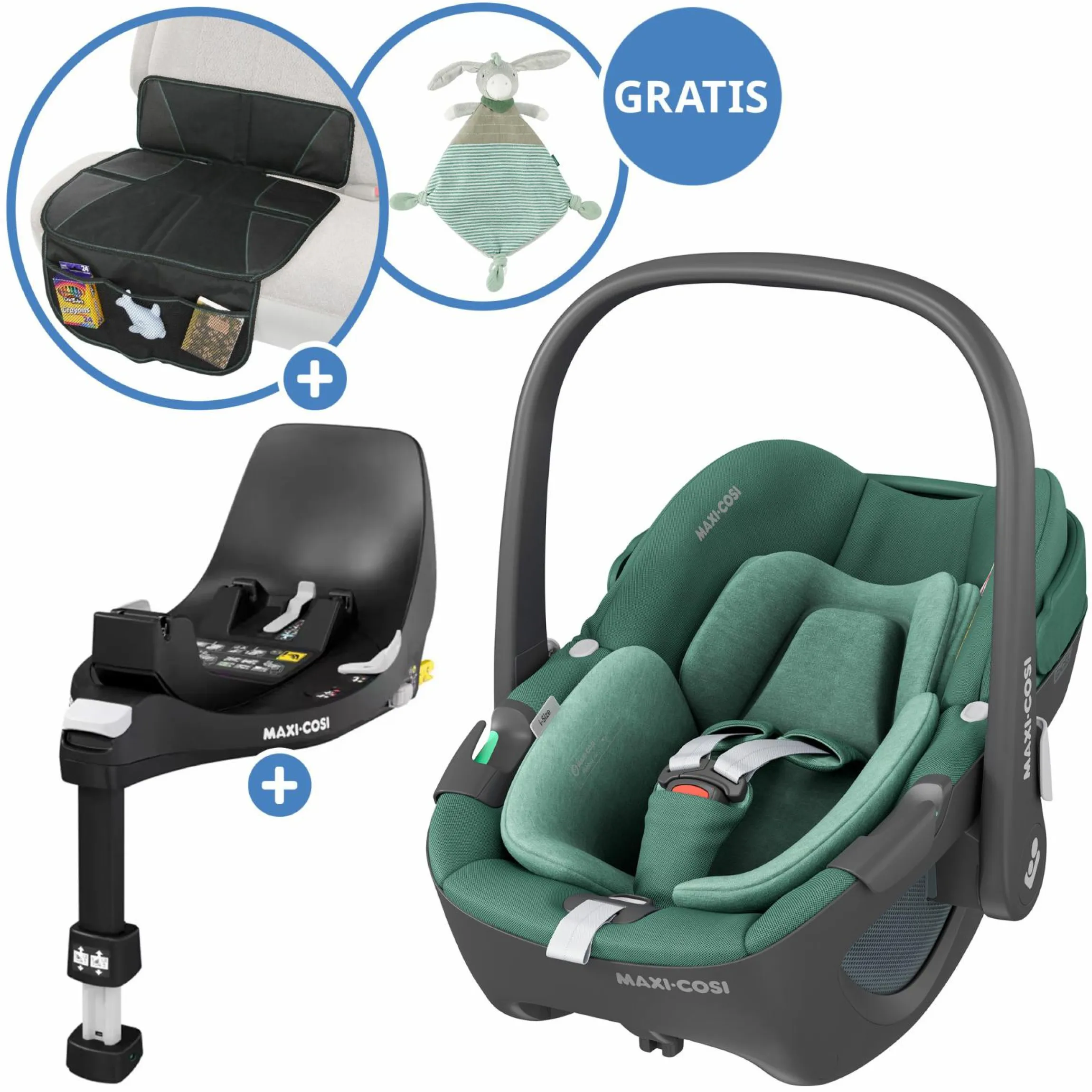 Babyschale Pebble 360 i-Size drehbar ab Geburt - 15 Monate (40 cm - 83 cm) inkl. Isofix-Basis FamilyFix 360, Schutzunterlage & Schmusetuch - Essential Green - Kollektion 2025