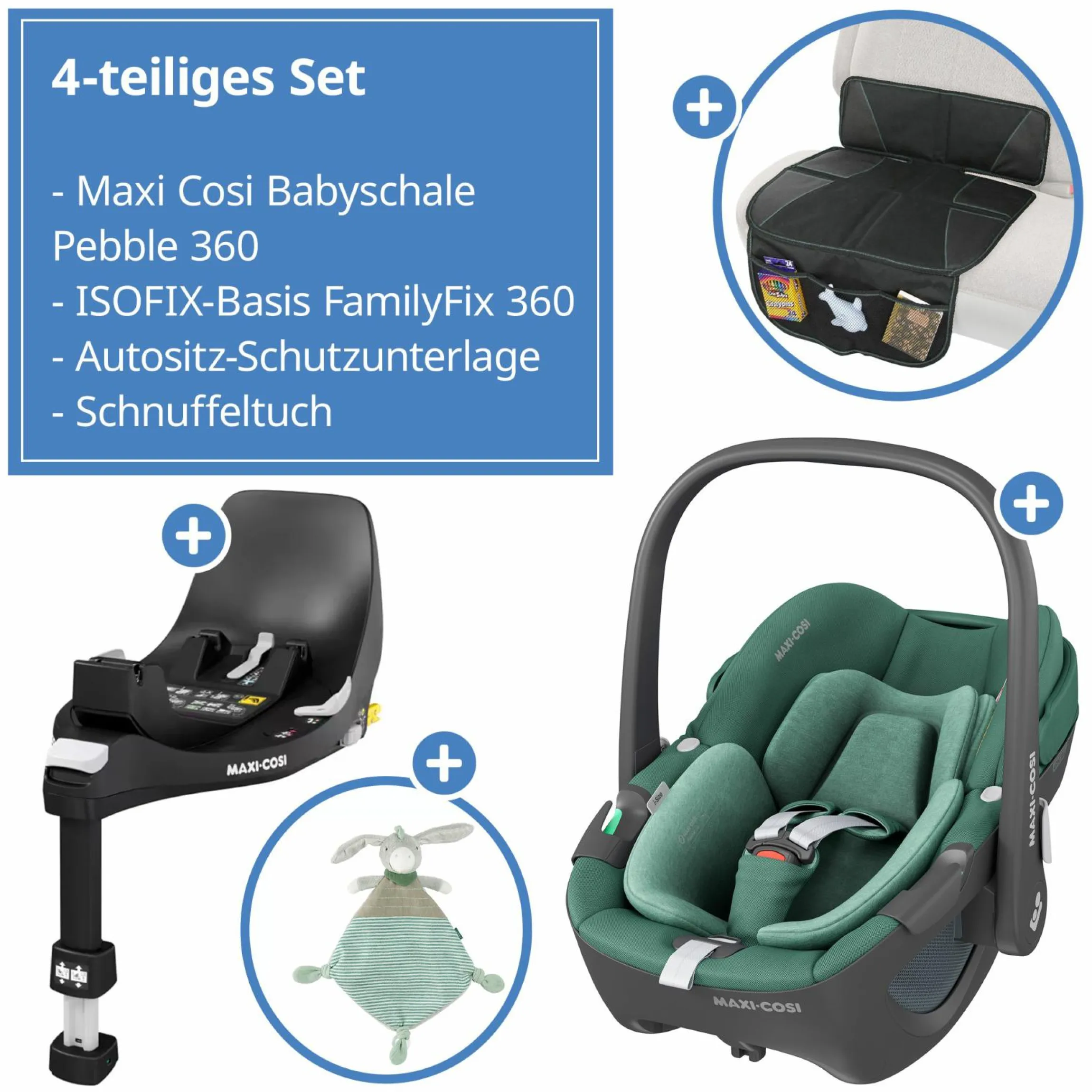 Babyschale Pebble 360 i-Size drehbar ab Geburt - 15 Monate (40 cm - 83 cm) inkl. Isofix-Basis FamilyFix 360, Schutzunterlage & Schmusetuch - Essential Green - Kollektion 2025