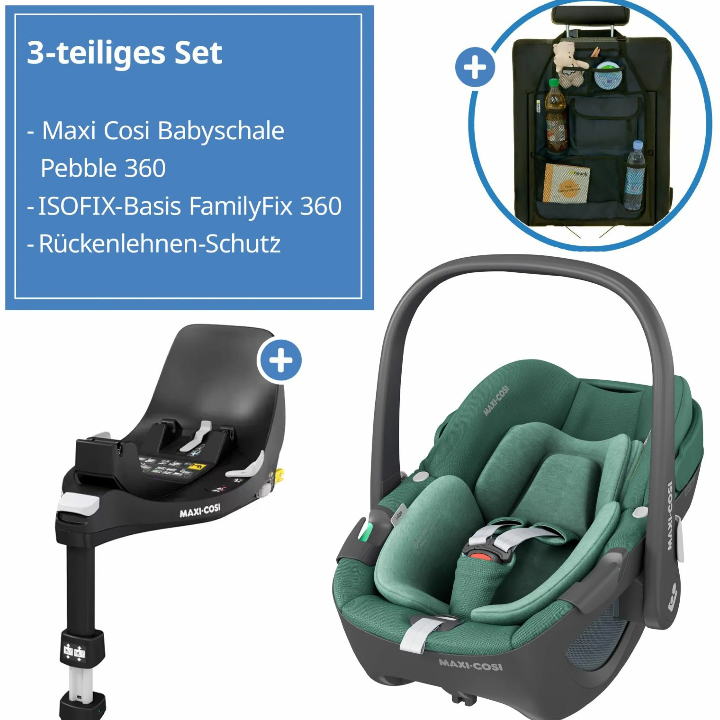 Babyschale Pebble 360 i-Size drehbar ab Geburt - 15 Monate (40 cm - 83 cm) inkl. Isofix-Basis FamilyFix 360 & Rückenlehnenschutz - Essential Green